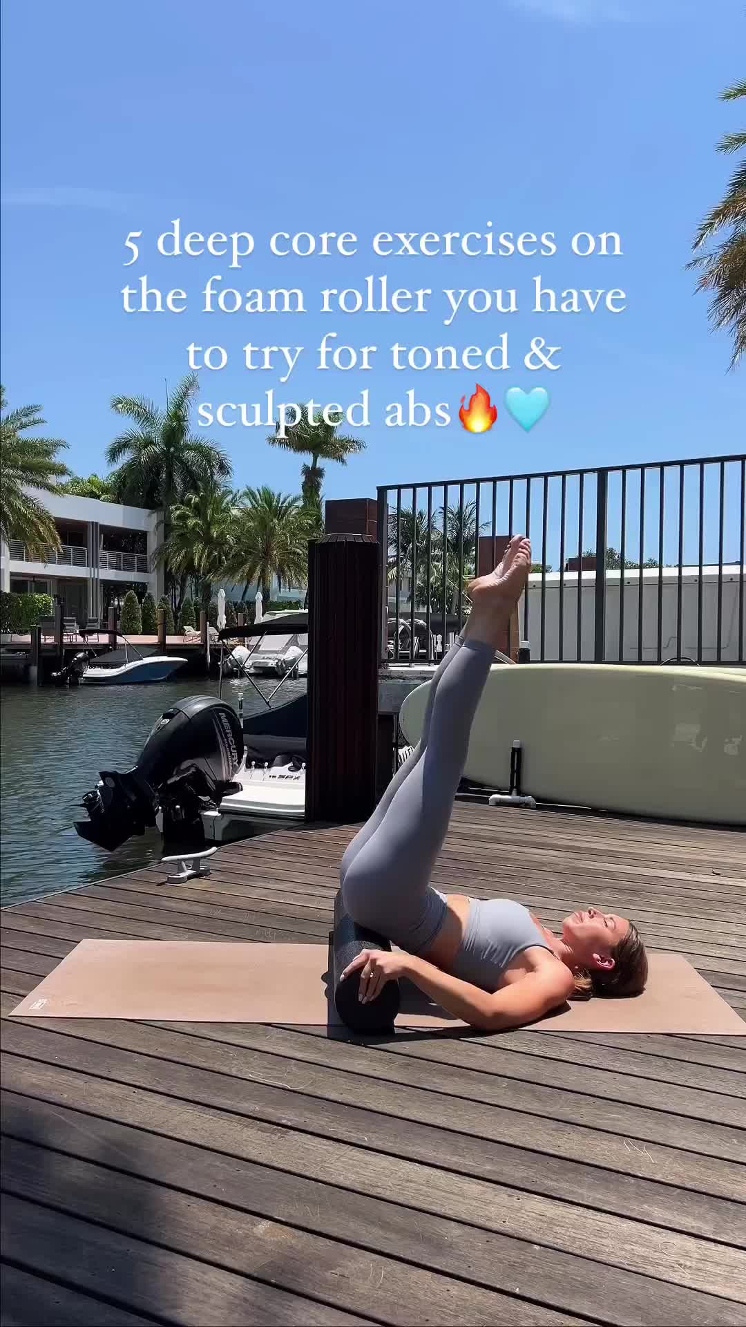 This may contain: a woman doing yoga on a dock with the words 5 deep core exercises on the foam roller you have to try for toned & sculped abss