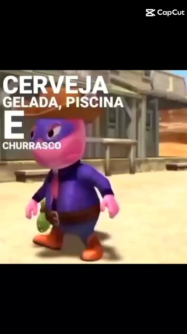 This may contain: an animated character is standing in front of a building and the caption reads cerveja gelada, piscina e churasco