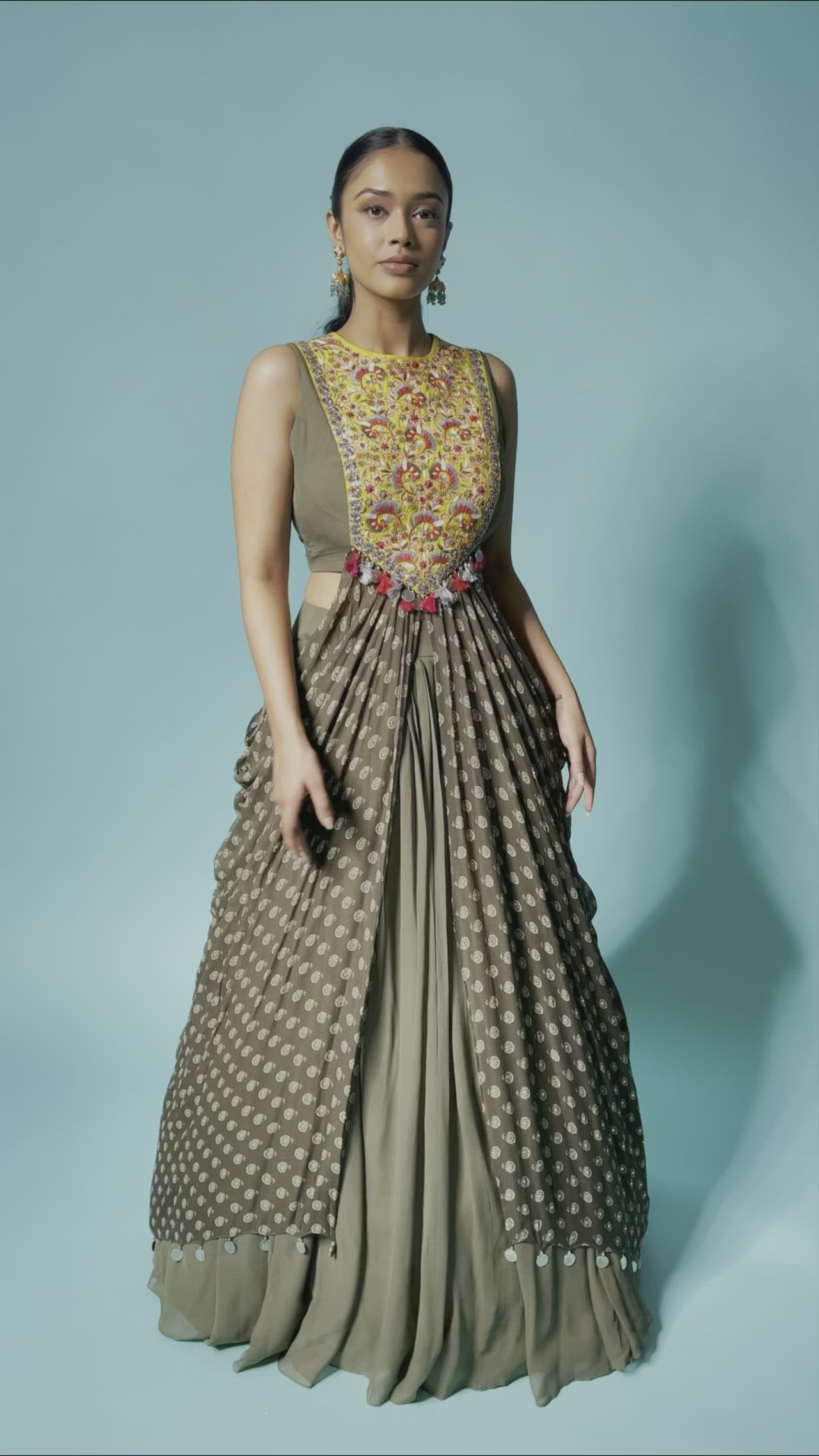 This contains an image of: Seaweed Green Thread Embroidered Georgette Designer Lehenga- SM1994