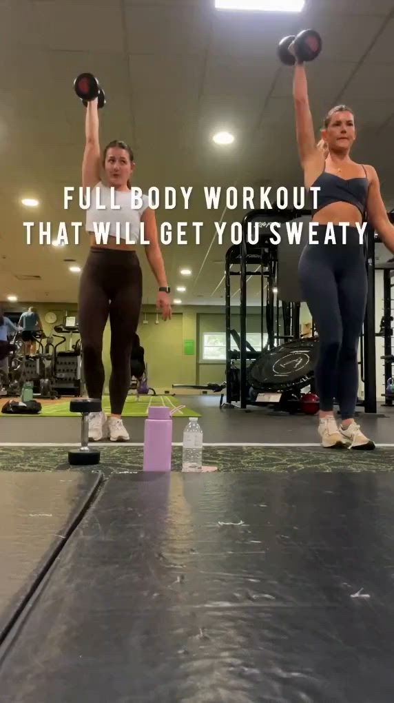 This may contain: two women doing squats in a gym with the caption full body workout that will get you sweaty