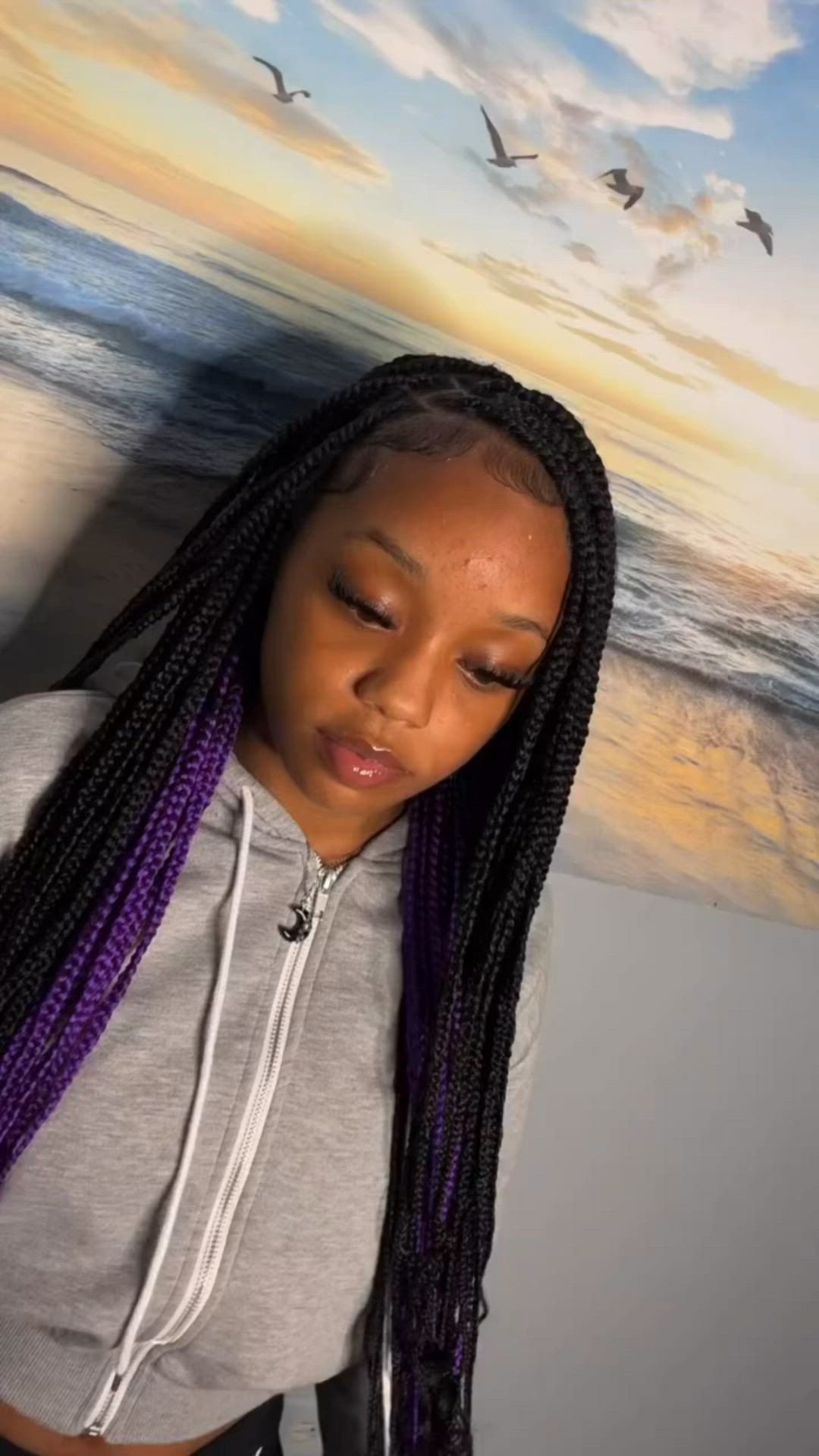 This contains an image of: Purple peekaboo box braids // 💜