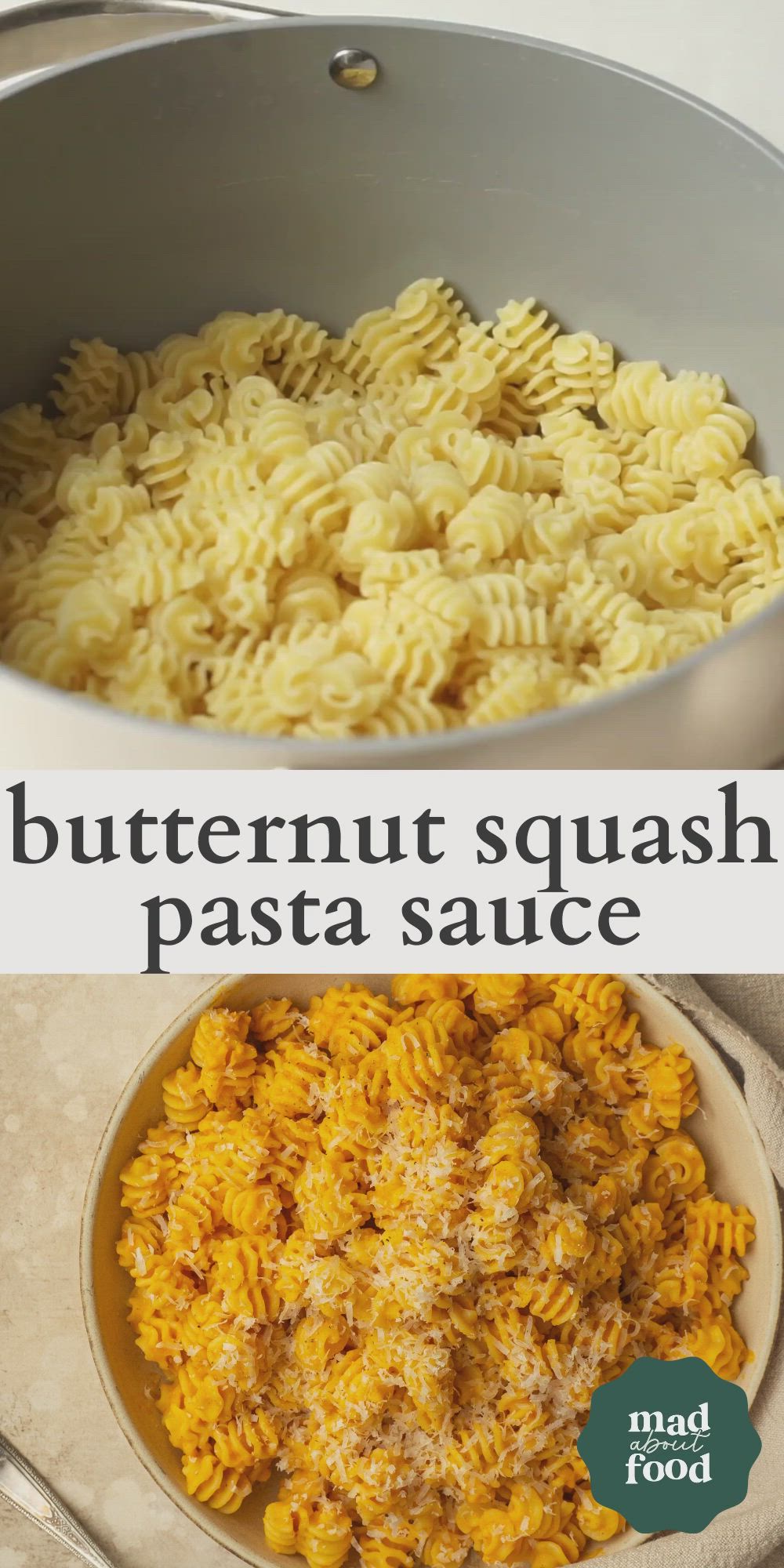 This may contain: two pictures with different types of pasta in them and the words butternut squash pasta sauce