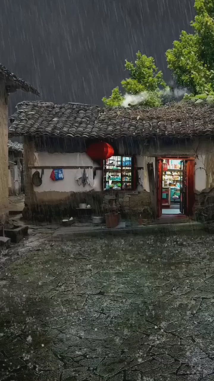 This may contain: an old house in the rain with its door open and it's raining outside