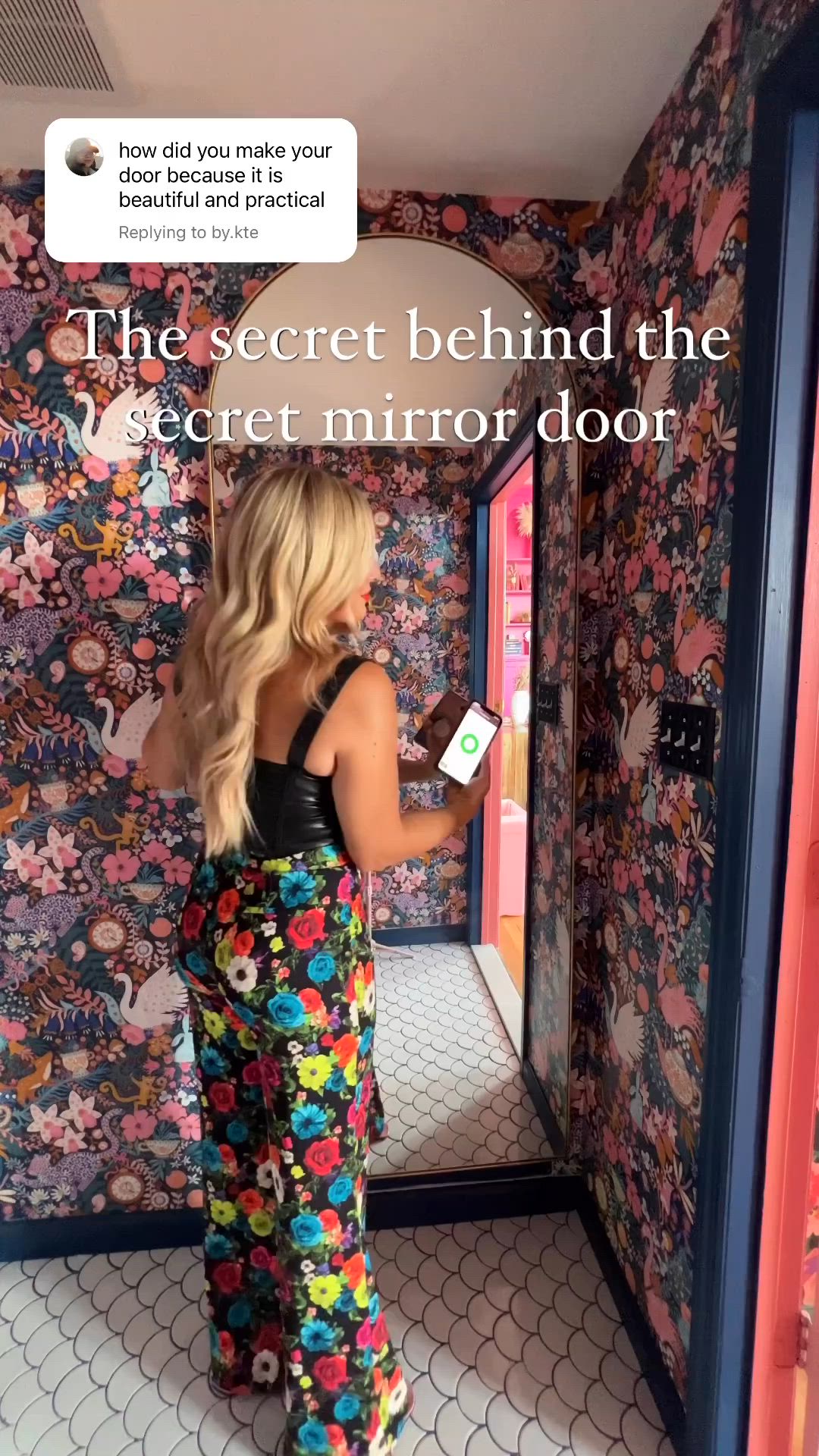 This may contain: a woman standing in front of a mirror with the caption'the secret behind the secret mirror door '