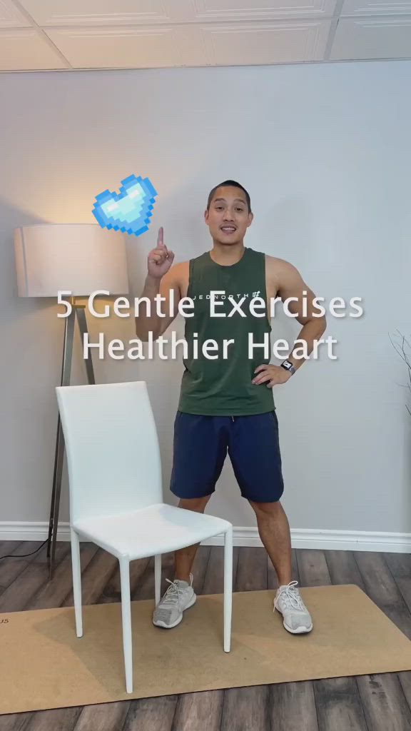 This may contain: a man standing in front of a chair with the words 5 gentle exercises for healthier heart