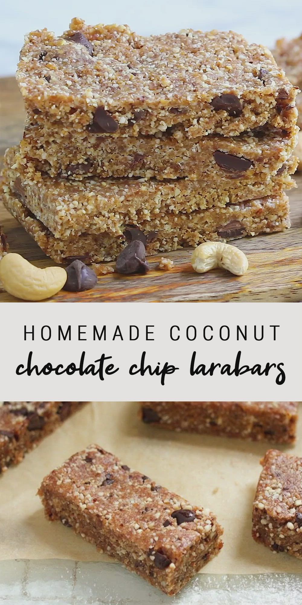 This may contain: homemade chocolate chip granola bars stacked on top of each other with text overlay