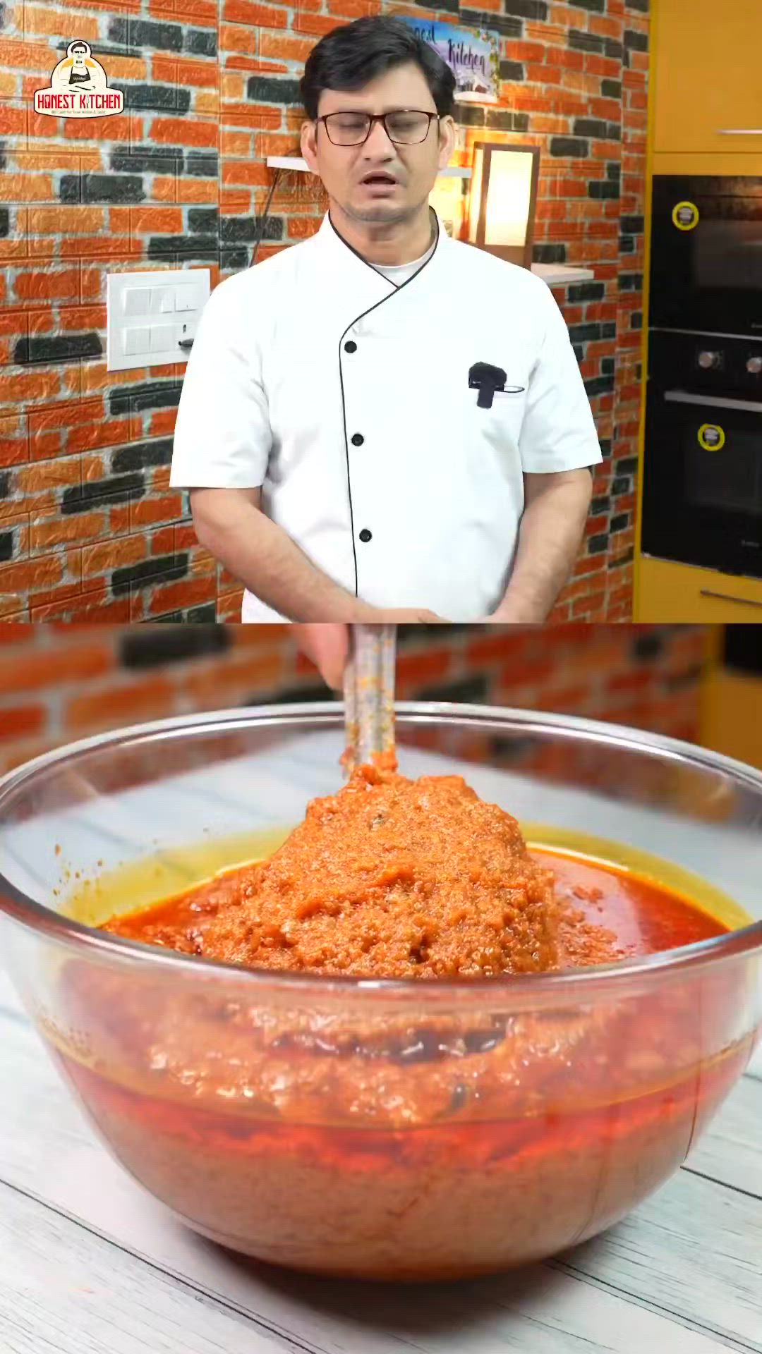 This may contain: a man standing in front of a bowl filled with food