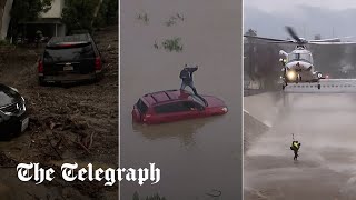 video: Beverly Hills mansions threatened by landslides as California storm kills three