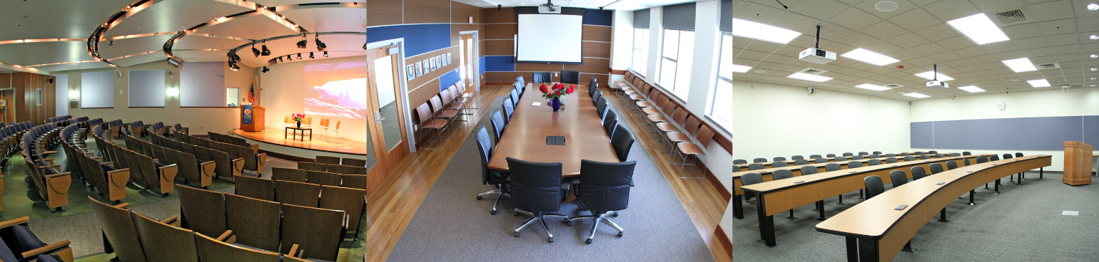 Collage of rooms in Sutardja Dai Hall, including the Banatao Auditorium, the Bechtel Boardroom and Room 250.