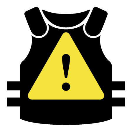 Black armored-vest icon with a yellow, triangular warning sign inside.