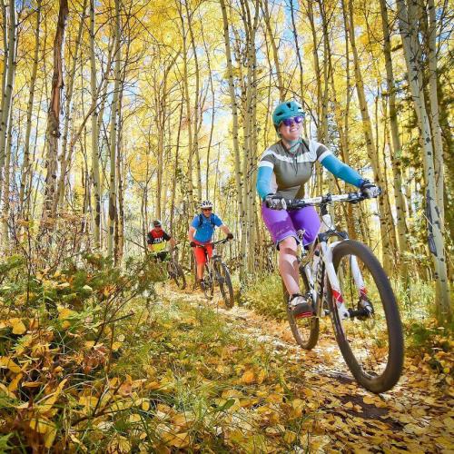 3 bikers on a trail at Granby Ranch