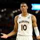 Jabari Smith #10 of the Auburn Tigers reacts in the second half against the Miami (Fl) Hurricanes during the second round of the 2022 NCAA Men's Basketball Tournament at Bon Secours Wellness Arena on March 20, 2022 in Greenville, South Carolina.