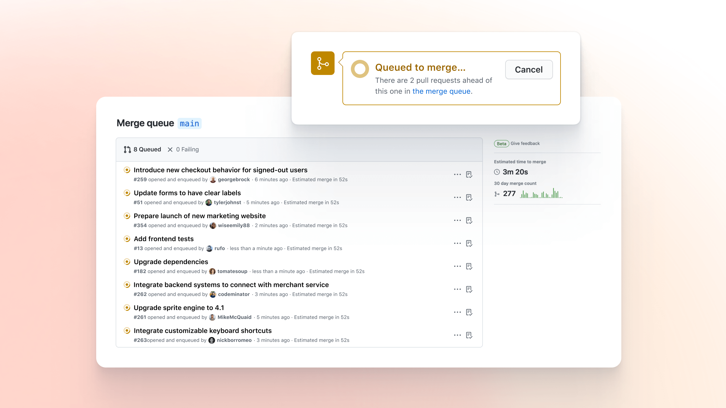 Screenshot of pull request merge queue