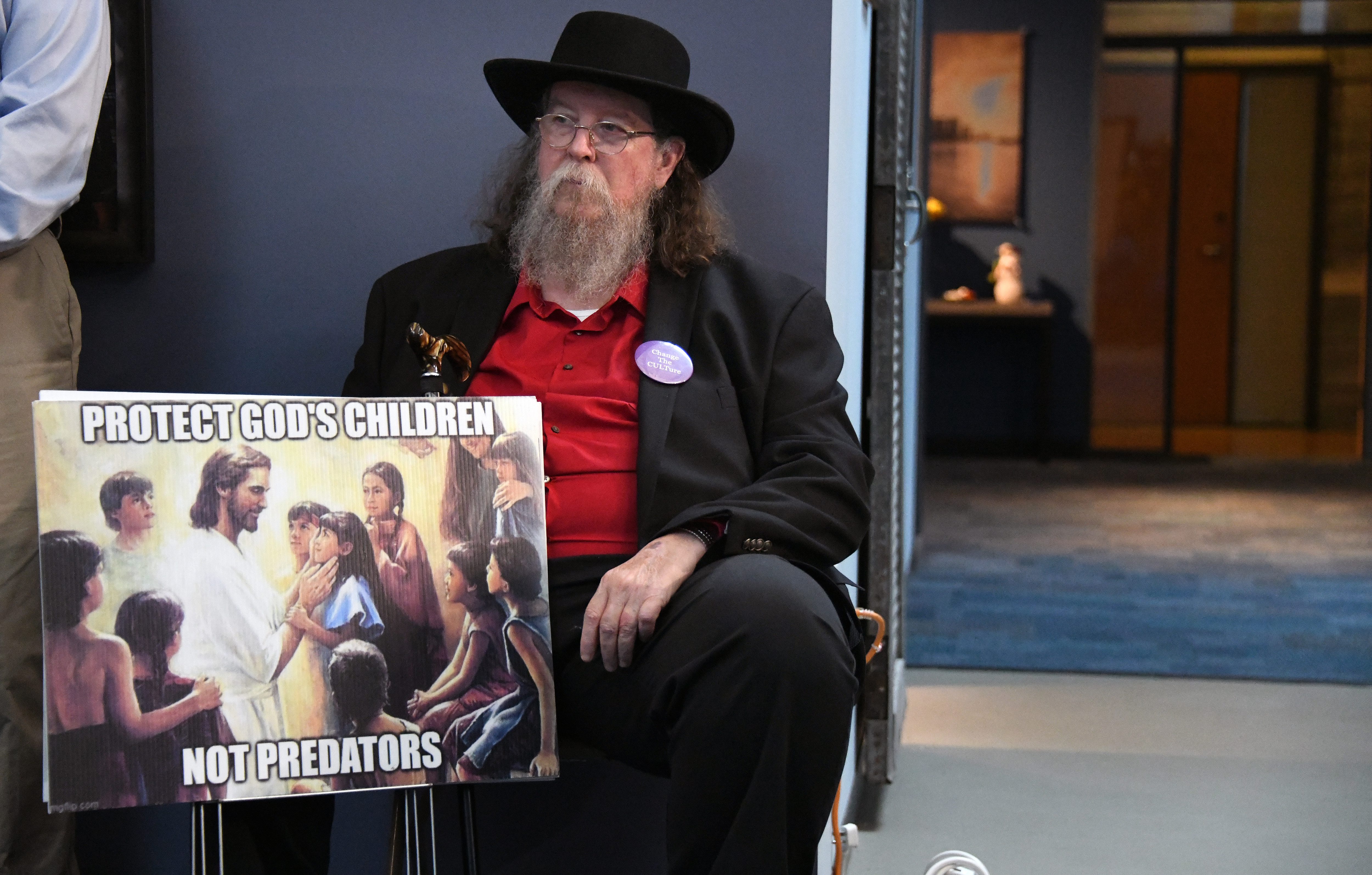 Buddy Robson, of Berwyn Heights, attends a joint press conference with Jenner Law, P.C., Grant & Eisenhofer, P.A. and their clients. They are asking the court to release the sealed Grand Jury report on abusive clergy in the Archdiocese of Baltimore. Robson is a survivor and a member of SNAP. (Kim Hairston/Staff photo)