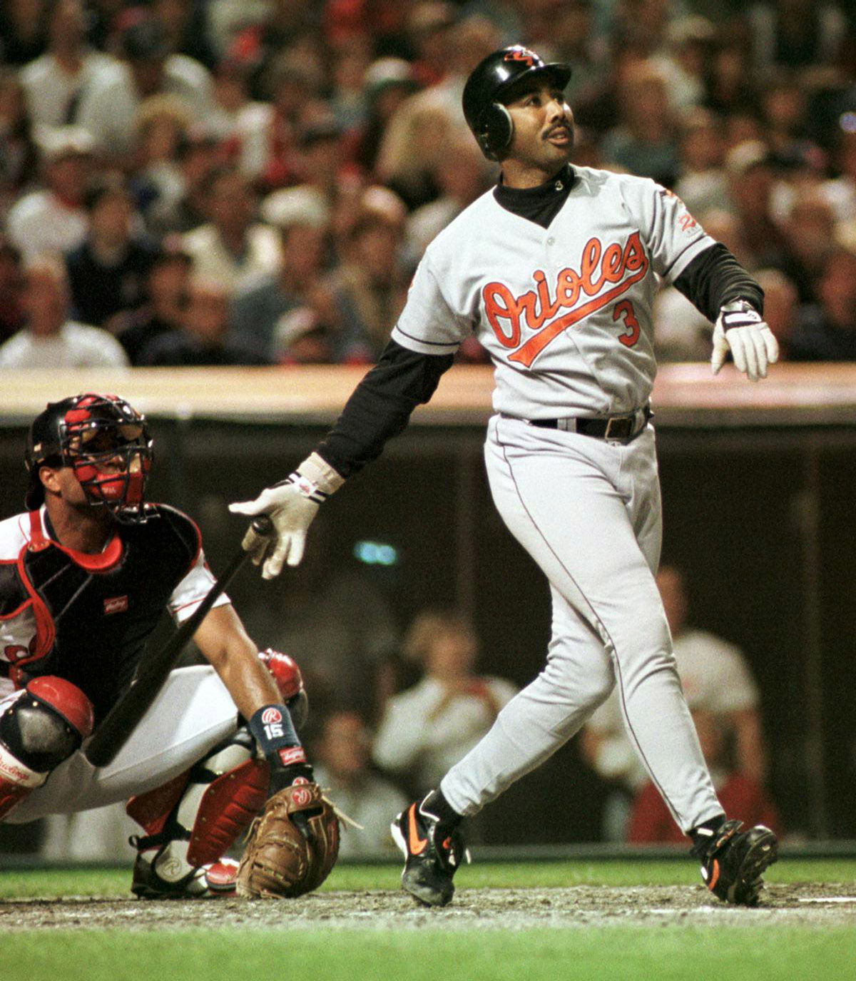 CLEVELAND, OH.--OCT. 12, 1997--ALCS; GAME 4-- Baltimore Sun Staff Photo by Kenneth K. Lam. Top of the 3rd inning: Orioles' Harold Baines watches as he connected for the Orioles' 2nd home run of three given up by Jaret Wright.