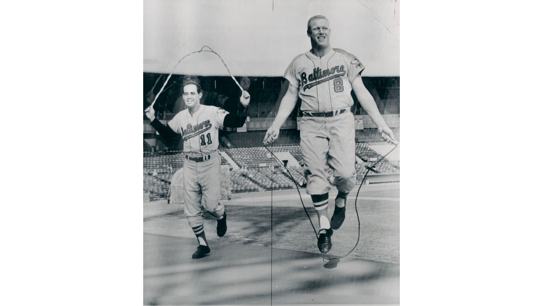 The 5-foot-9 Luis Aparicio and 6-foot-4 Boog Powell jump rope at Orioles spring training in 1964. (Joseph DiPaola/Staff Photo)