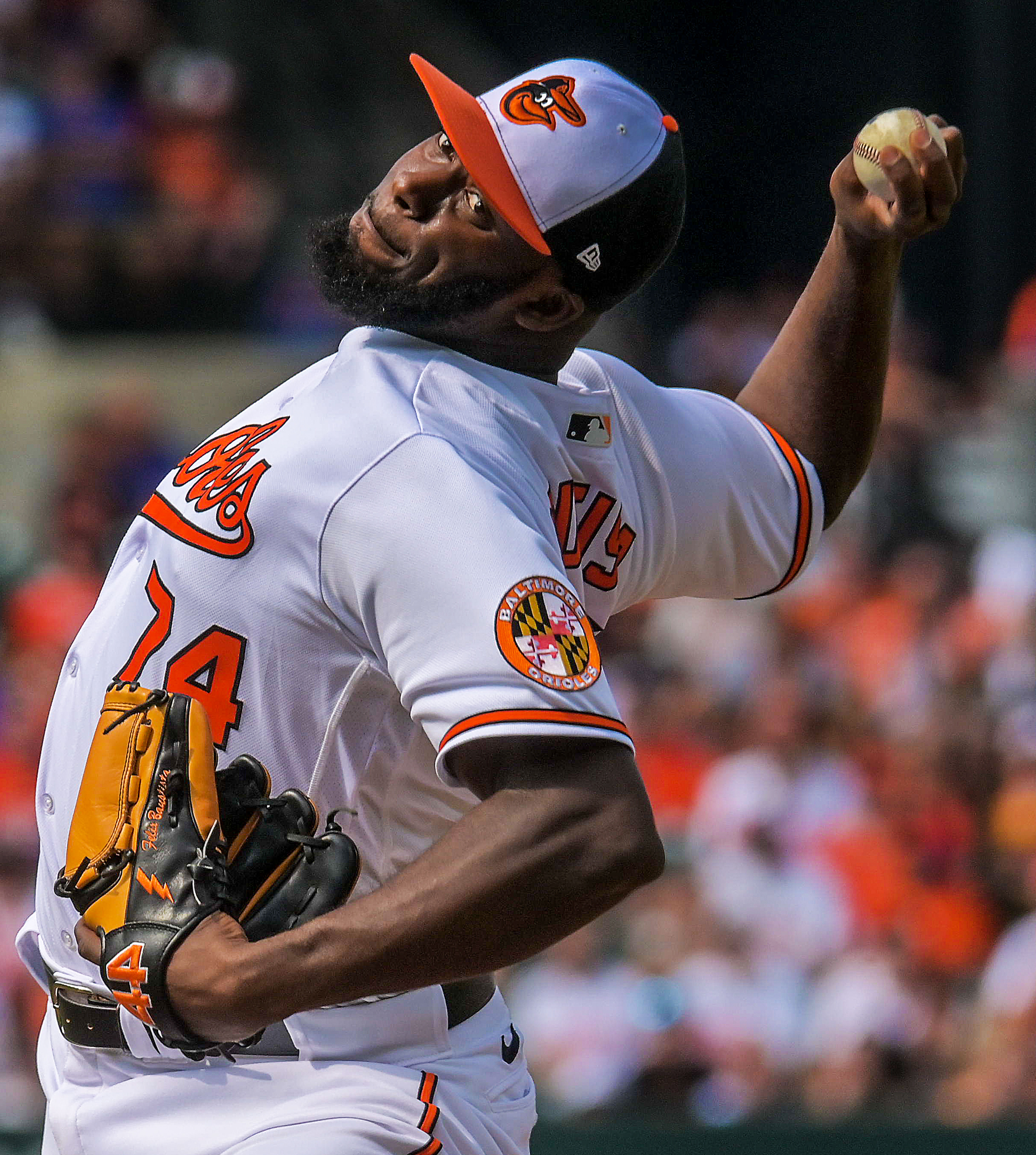 Baltimore Orioles relief pitcher Félix Bautista (74) delivers against the New York Mets during the ninth inning of an interleague game of major league baseball at Oriole Park at Camden Yards Sunday Aug. 6, 2023. Baltimore blanked the Mets, 2-0, sweeping the three-game weekend series. (Karl Merton Ferron/Baltimore Sun Staff)