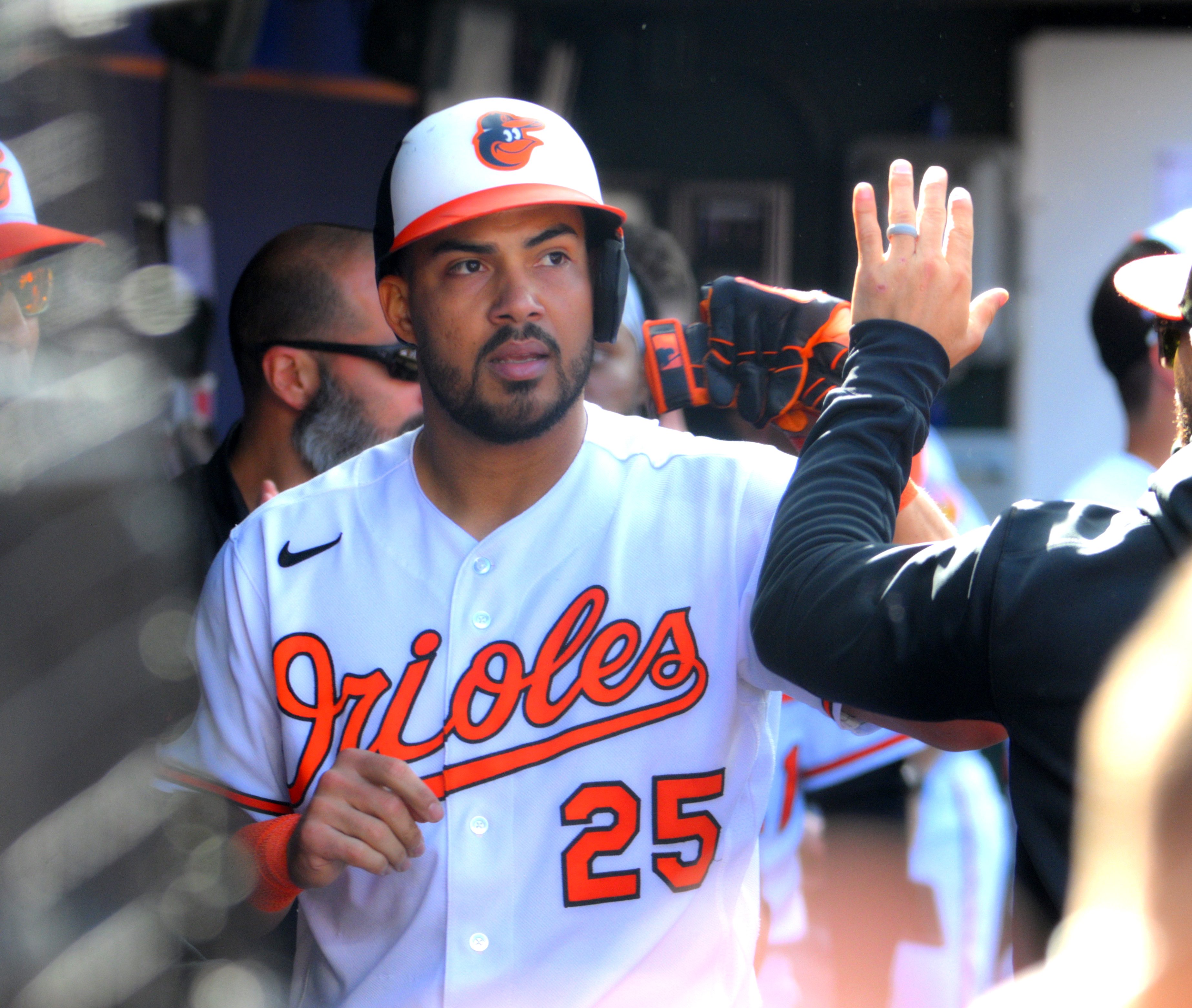 Anthony Santander celebrates in dugout after scoring on a Ryan Mountcastle double in the fourth inning at Camden Yards. Rangers vs. Orioles Game 1 of ALDS Kenneth K. Lam