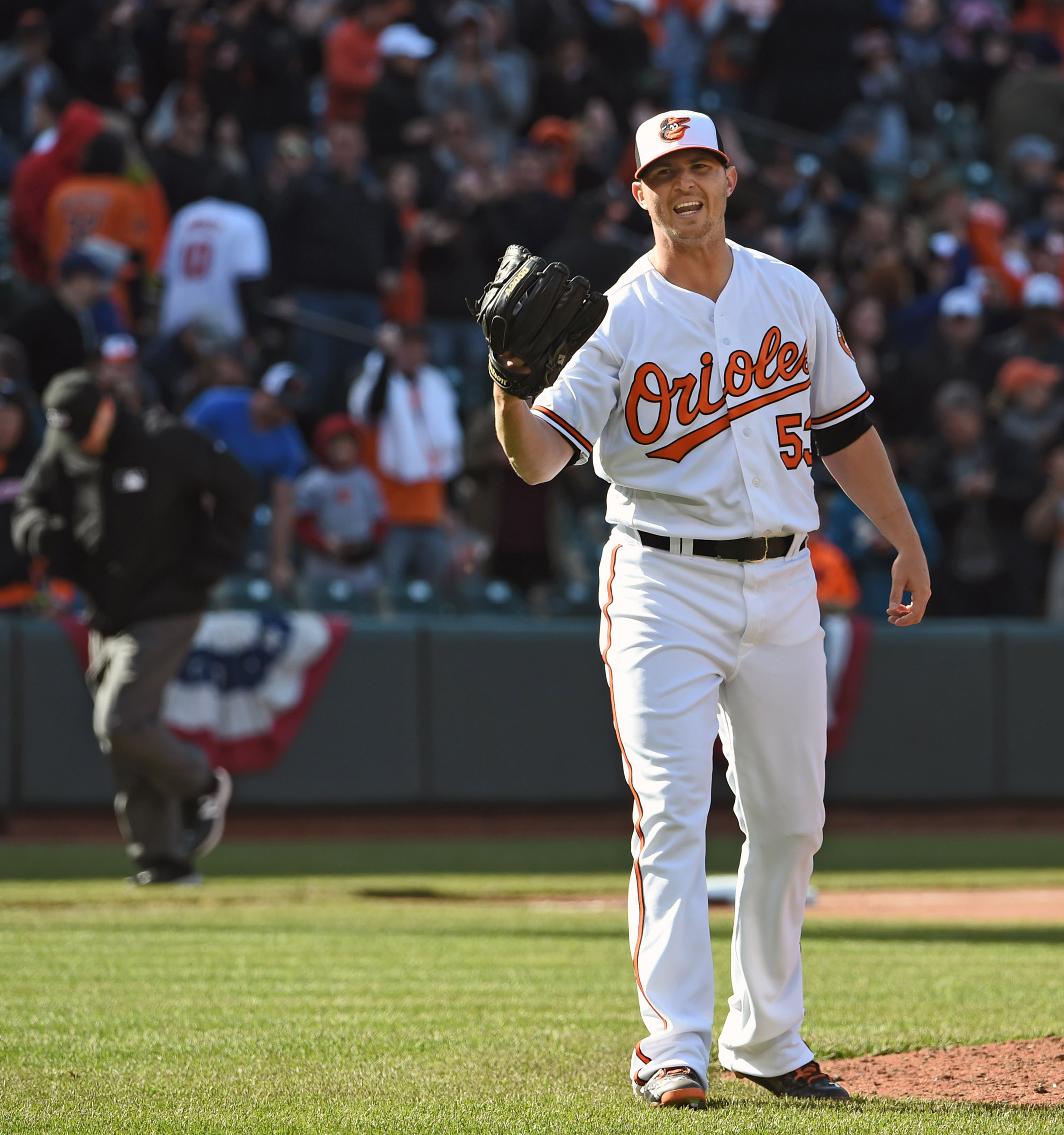 Baltimore Orioles closer Zach Britton reacts after the Orioles beat the Tampa Bay Rays on Sunday, April 10, 2016, at Oriole Park at Camden Yards in Baltimore. (Kenneth K. Lam/Baltimore Sun/TNS) ** OUTS - ELSENT, FPG, TCN - OUTS **