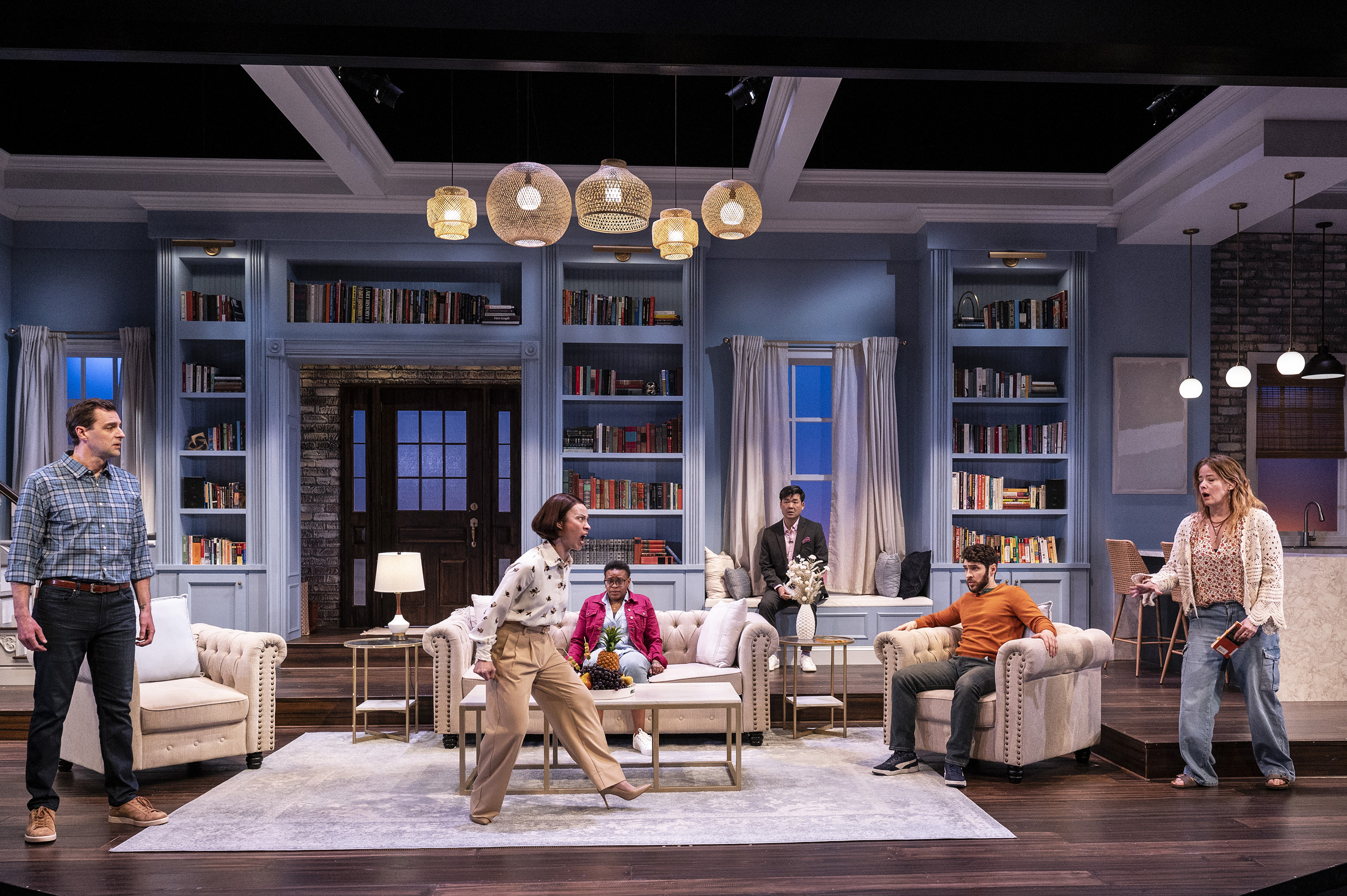 The cast of The Book Club Play Steve Polites (Robert Novum Smith), Tuyết Thị Phạm (Ana) , Majenta Thomas (Lily Louise Jackson) , Tony Nam (William Lee Nothnagel) , Zack Powell (Alex) Megan Anderson (Jennifer McClintock). The Book Club Play is written by Karen Zacharias and directed by Laura Kepley is onstage at Everyman now through April 14. (Teresa Castracane Photography/Handout)
