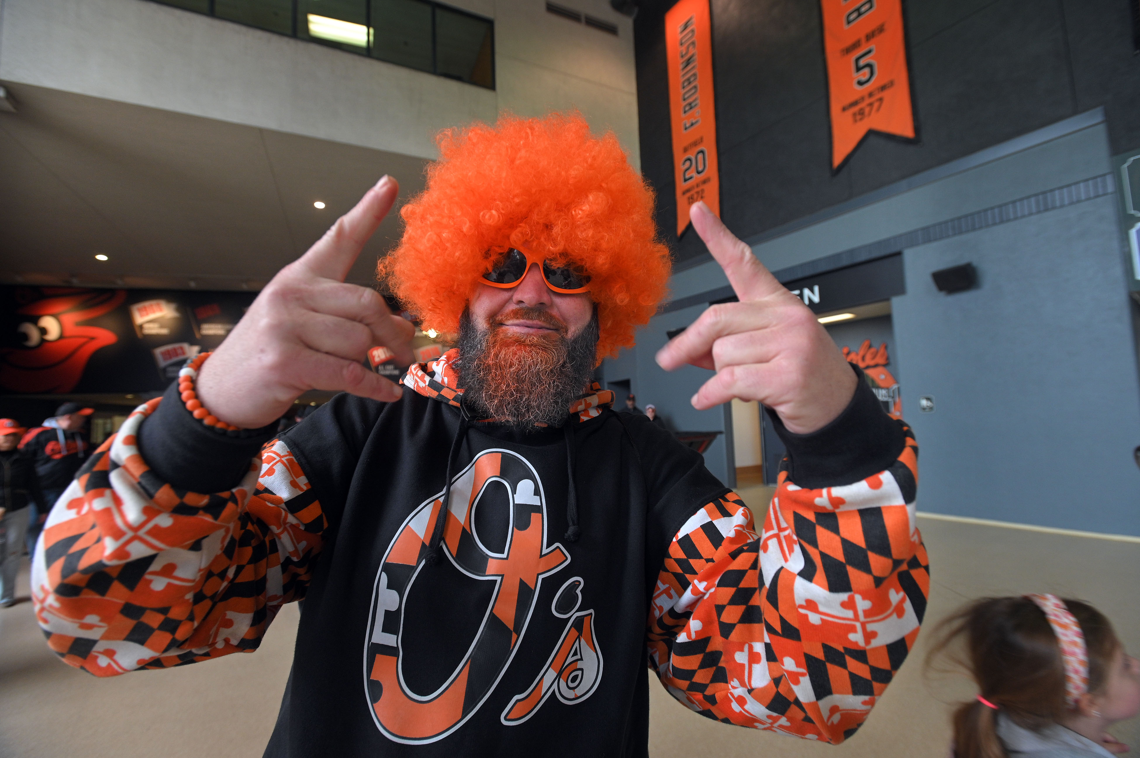 Mar 28, 2024: Brian Mills, of Hagerstown, dresses up for every games he attends including Orioles 2024 season opening day at Oriole Park at Camden Yards. (Kenneth K. Lam/Staff)