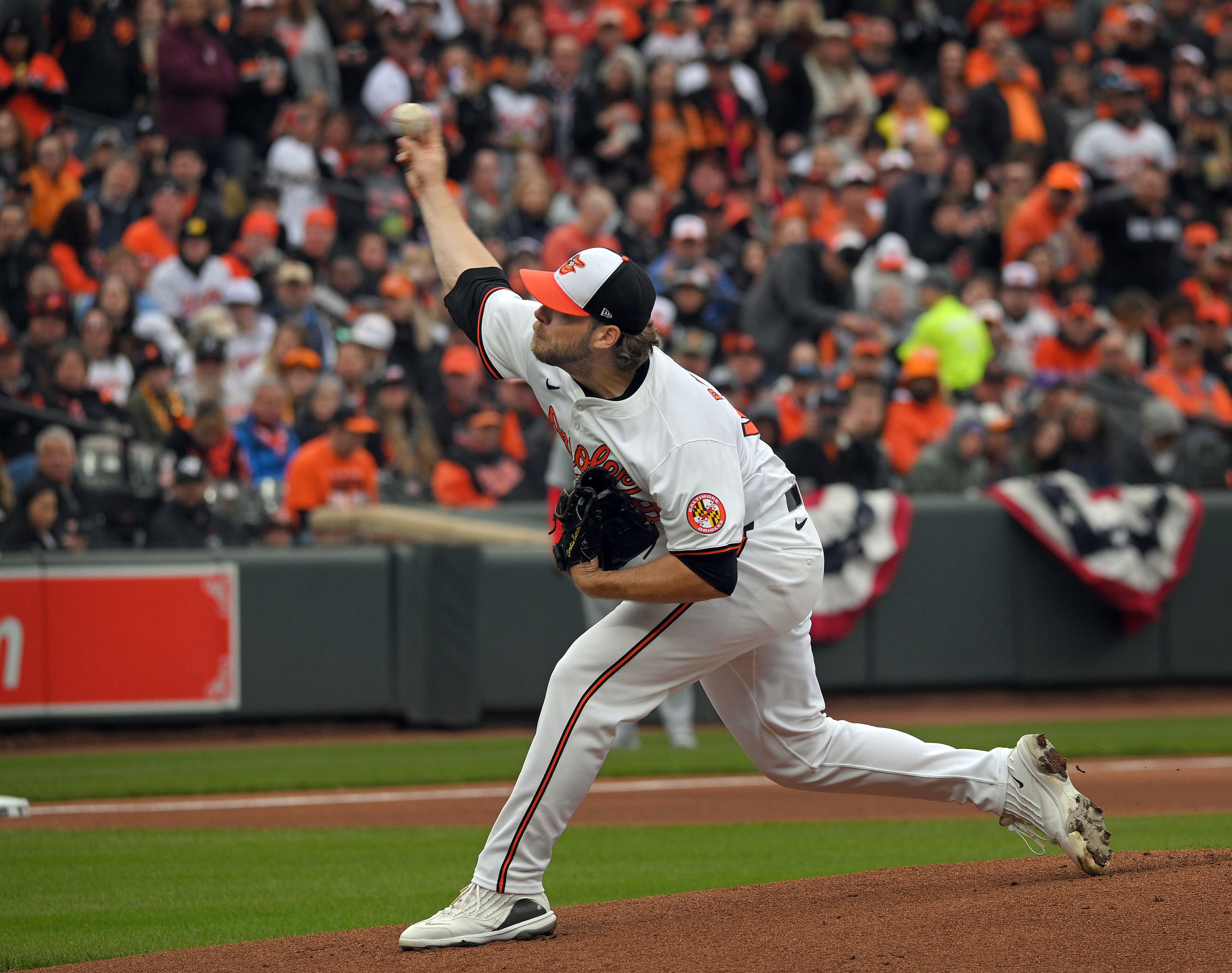 Mar 28, 2024: Orioles starter Corbin Burnes pitches against the Angels in the first inning of 2024 season opener at Oriole Park at Camden Yards. (Kenneth K. Lam/Staff)