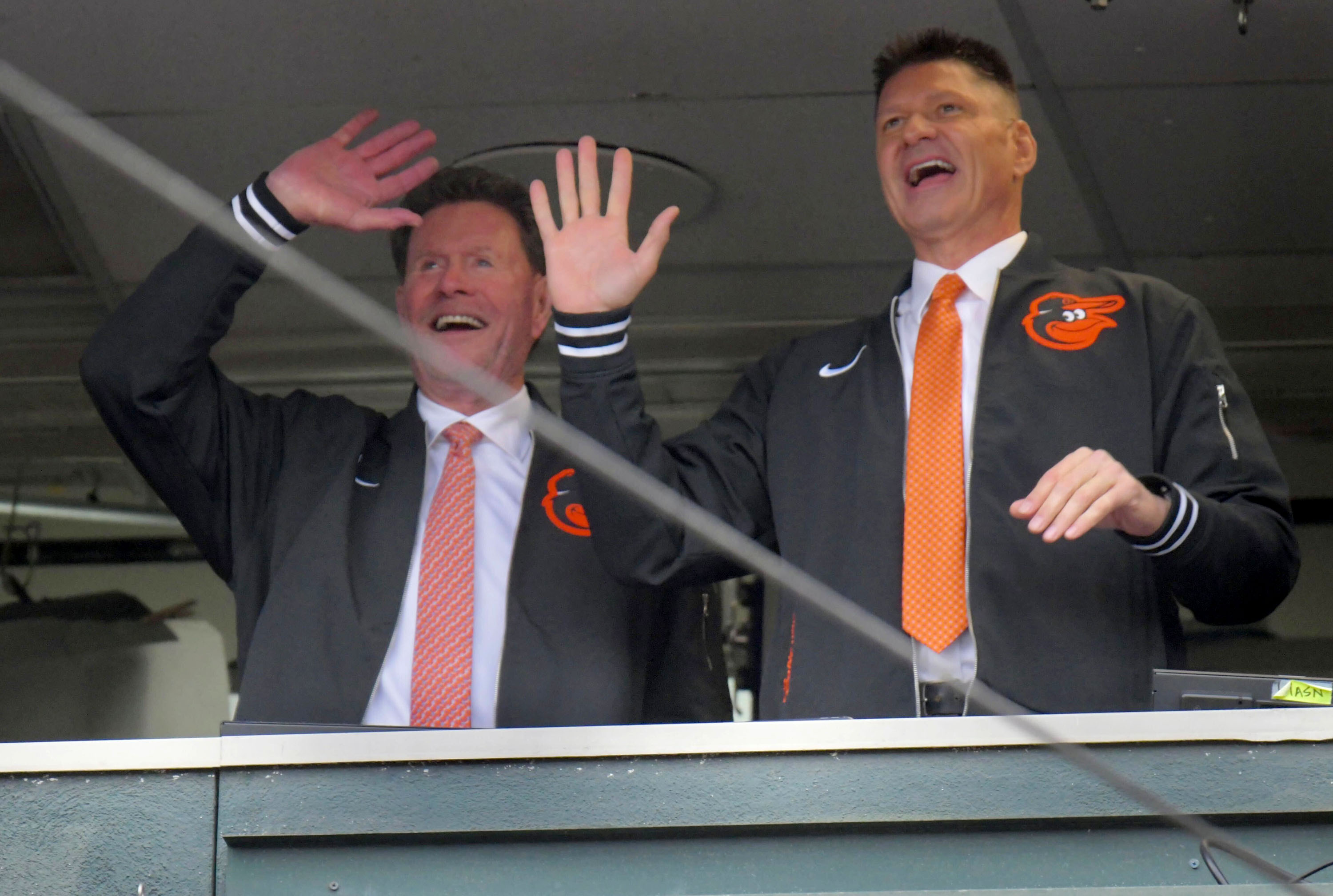 March 28, 2024: Hall of famer Jim Palmer and former Oriole pitcher Ben McDonald wave to the fans on opening day as the Orioles take on the Los Angeles Angels at Camden Yards. (Karl Merton Ferron)