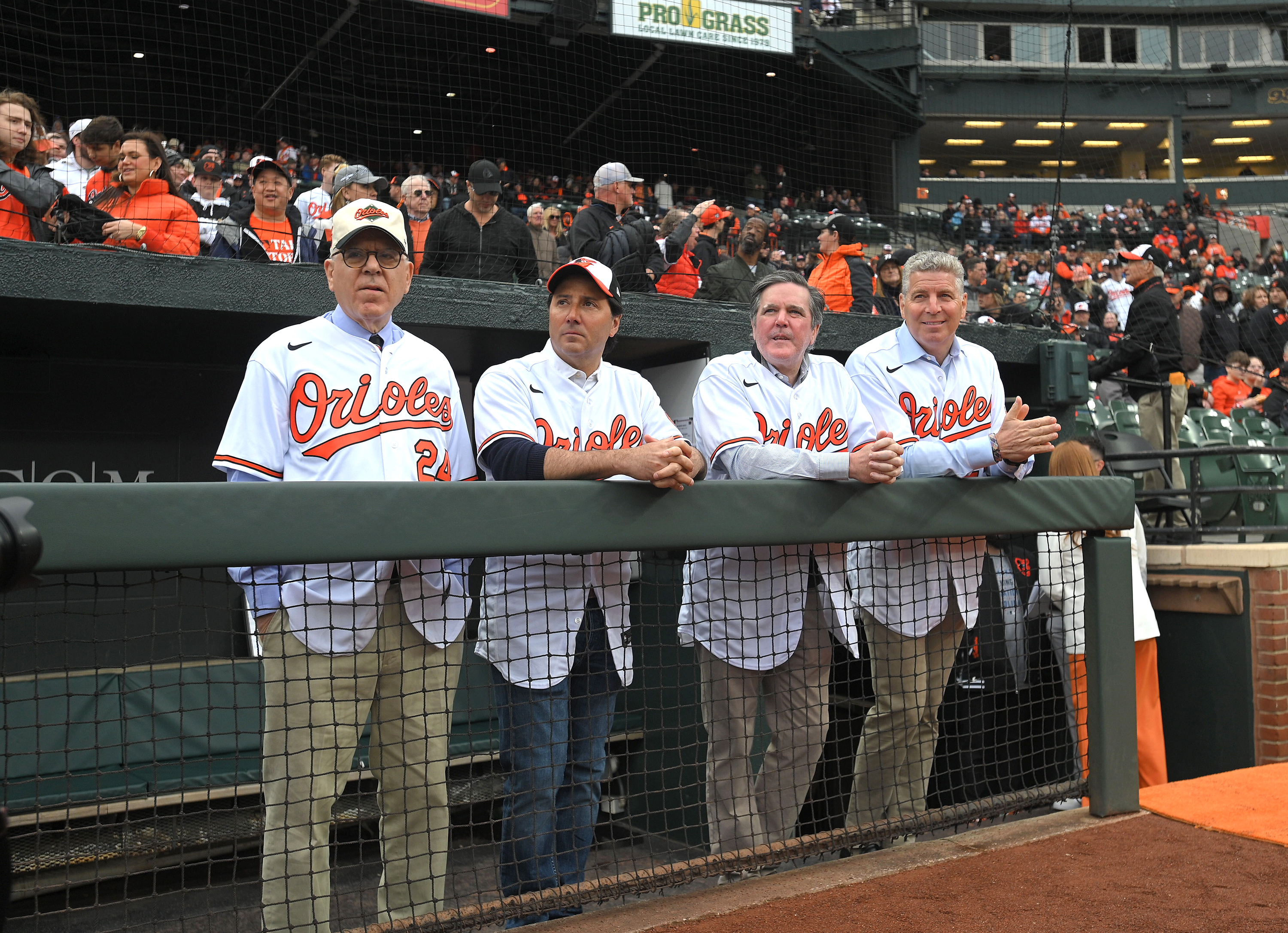 March 28, 2024: David Rubenstein, new owner of the Baltimore Orioles, left, and Michael Aroughetti, part of the investors group at opening day at Camden Yards. (Kenneth K. Lam/Staff)