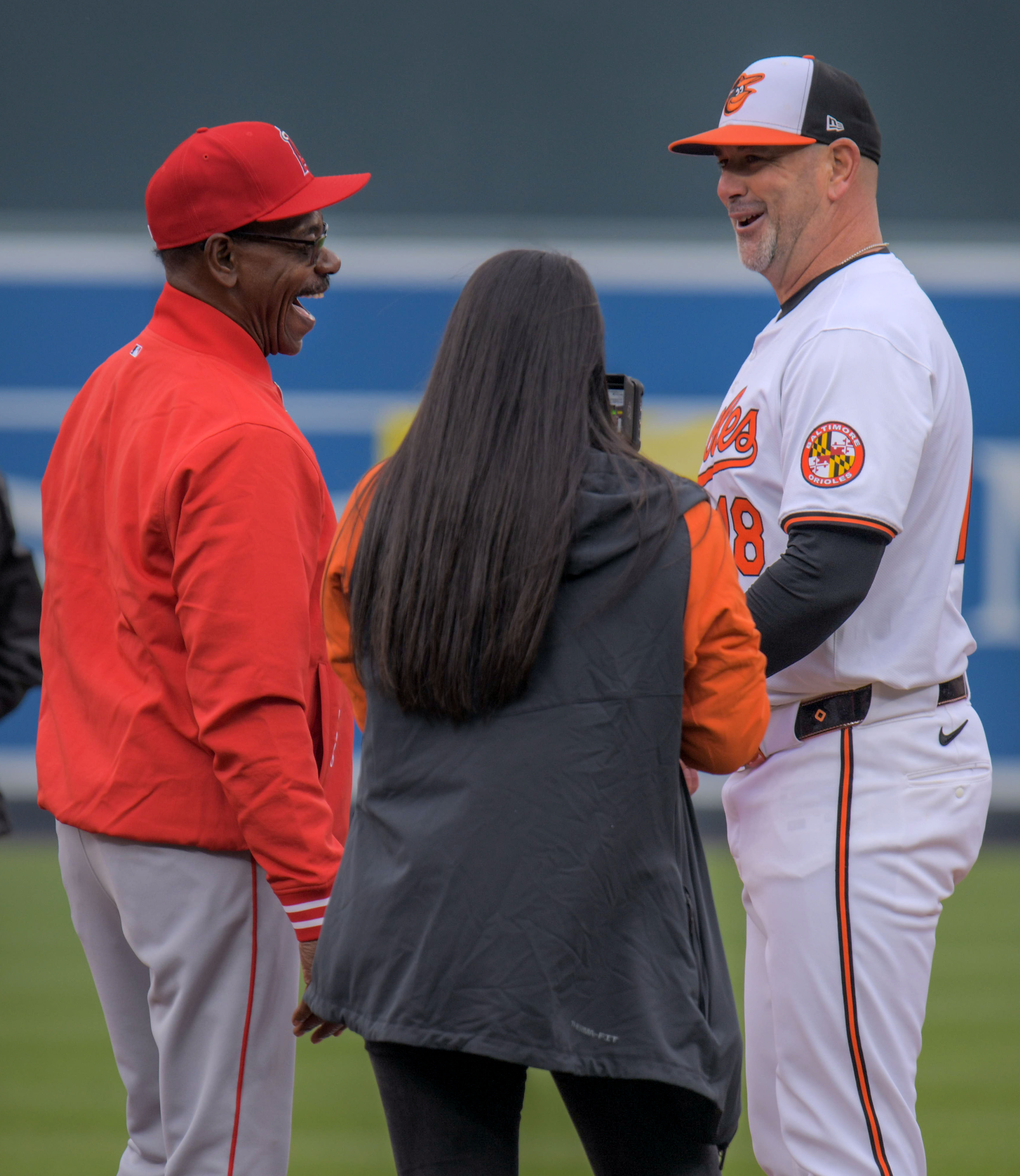 Mar 28, 2024: Los Angeles Angels manager Ron Washington exchanges pleasantries with Baltimore Orioles manager Brandon Hyde during opening day of Major League Baseball at Oriole Park at Camden Yards. (Karl Merton Ferron/Staff)