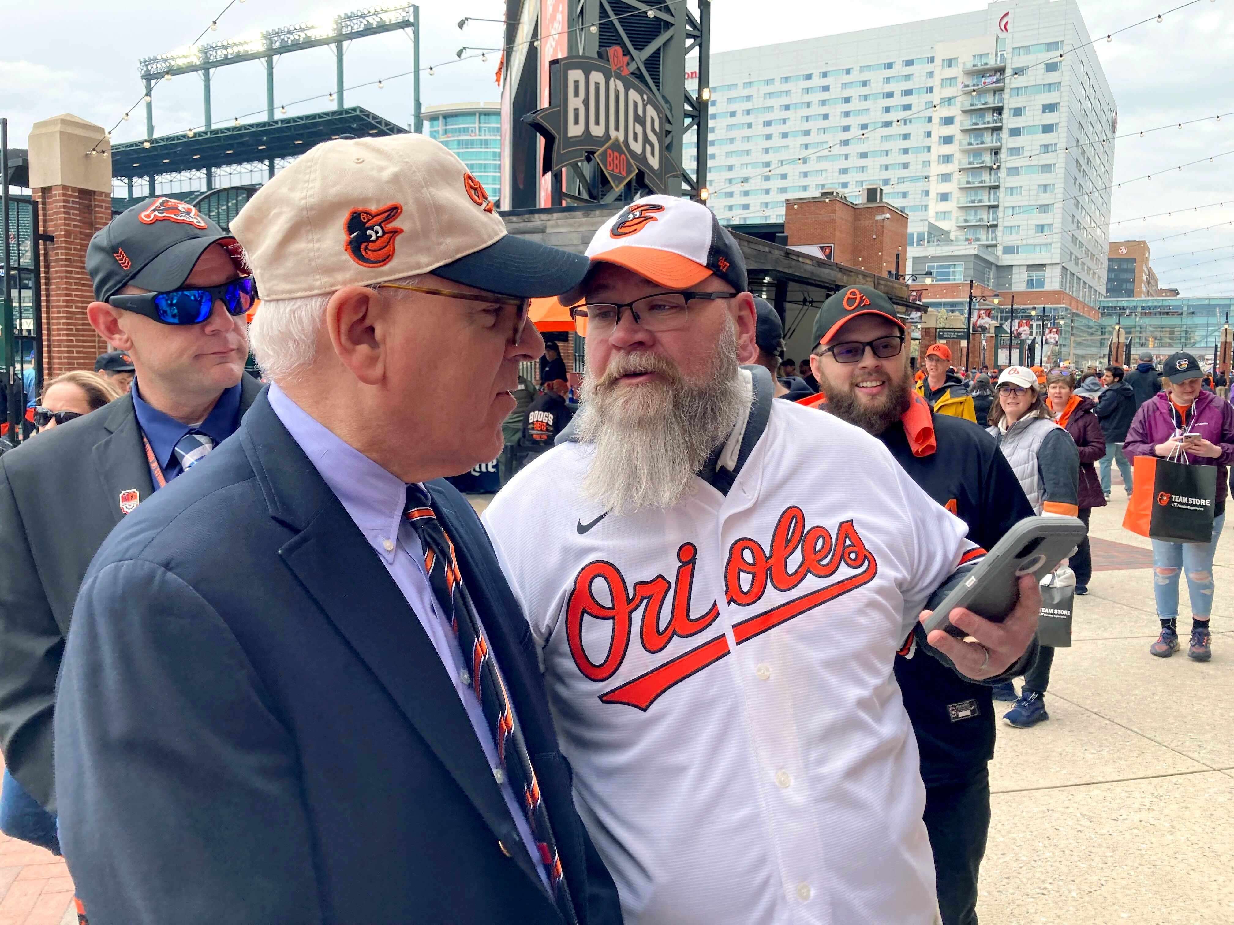 March 28, 2024: David Rubenstein, new owner of the Baltimore Orioles meets with fans on opening day at Camden Yards. (Amy Davis/Staff)