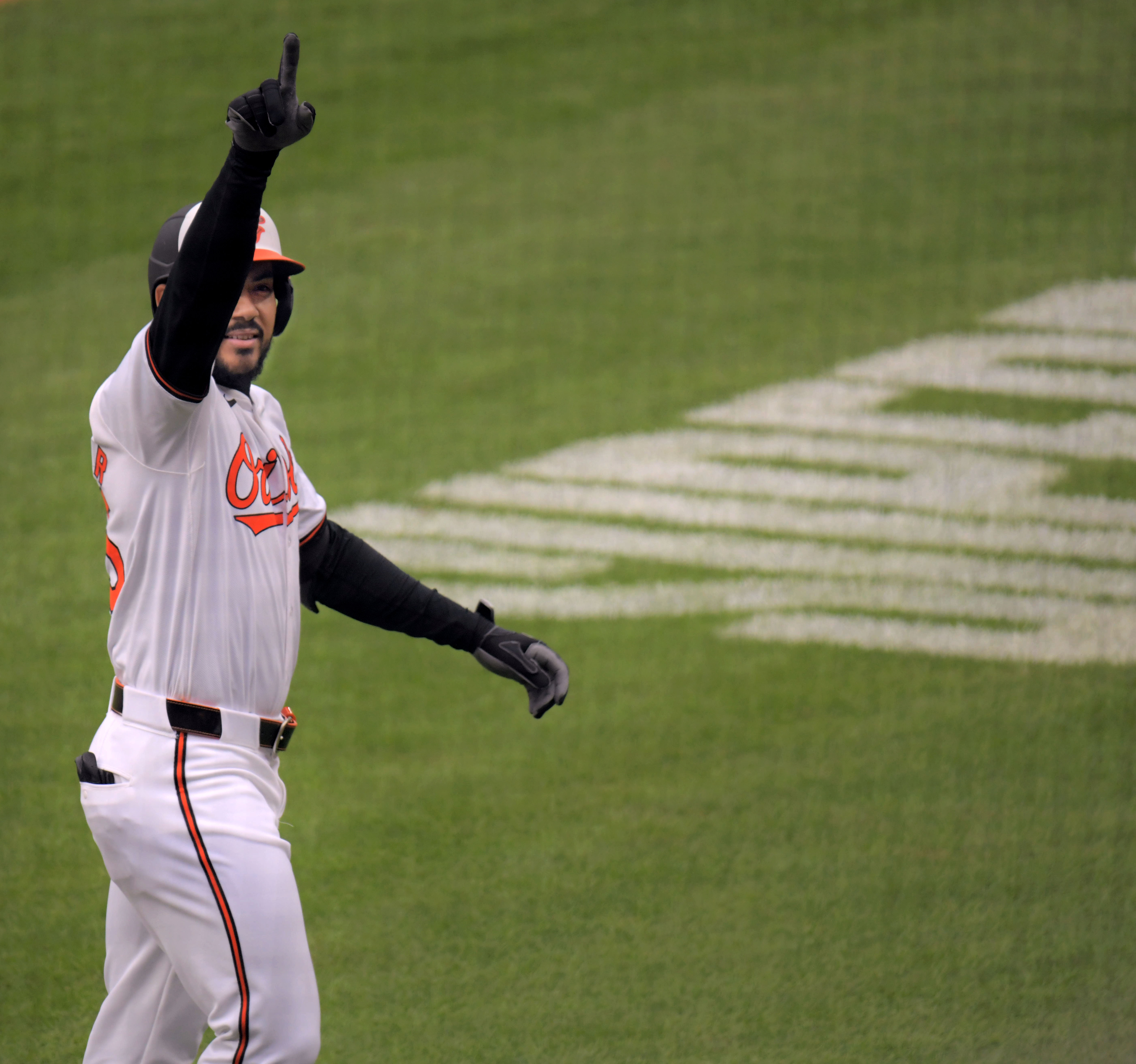 Mar 28, 2024: Baltimore Orioles' Anthony Santander points toward the fans after belting a two-run home run against the Los Angeles Angels during opening day of Major League Baseball at Oriole Park at Camden Yards. (Karl Merton Ferron/Staff)