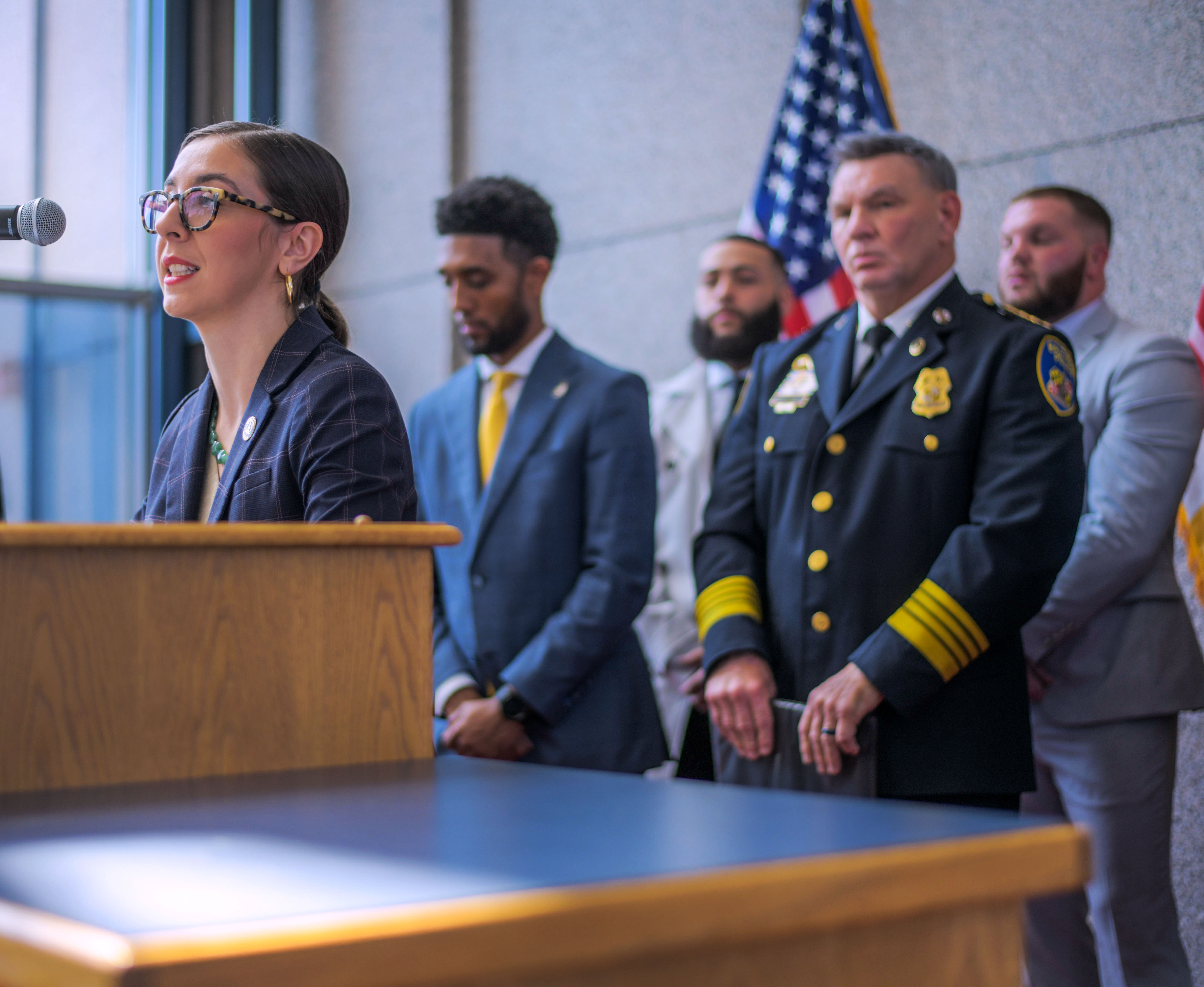 MONSE Director Stefanie Mavronis speaks during a press conference at city police headquarters.