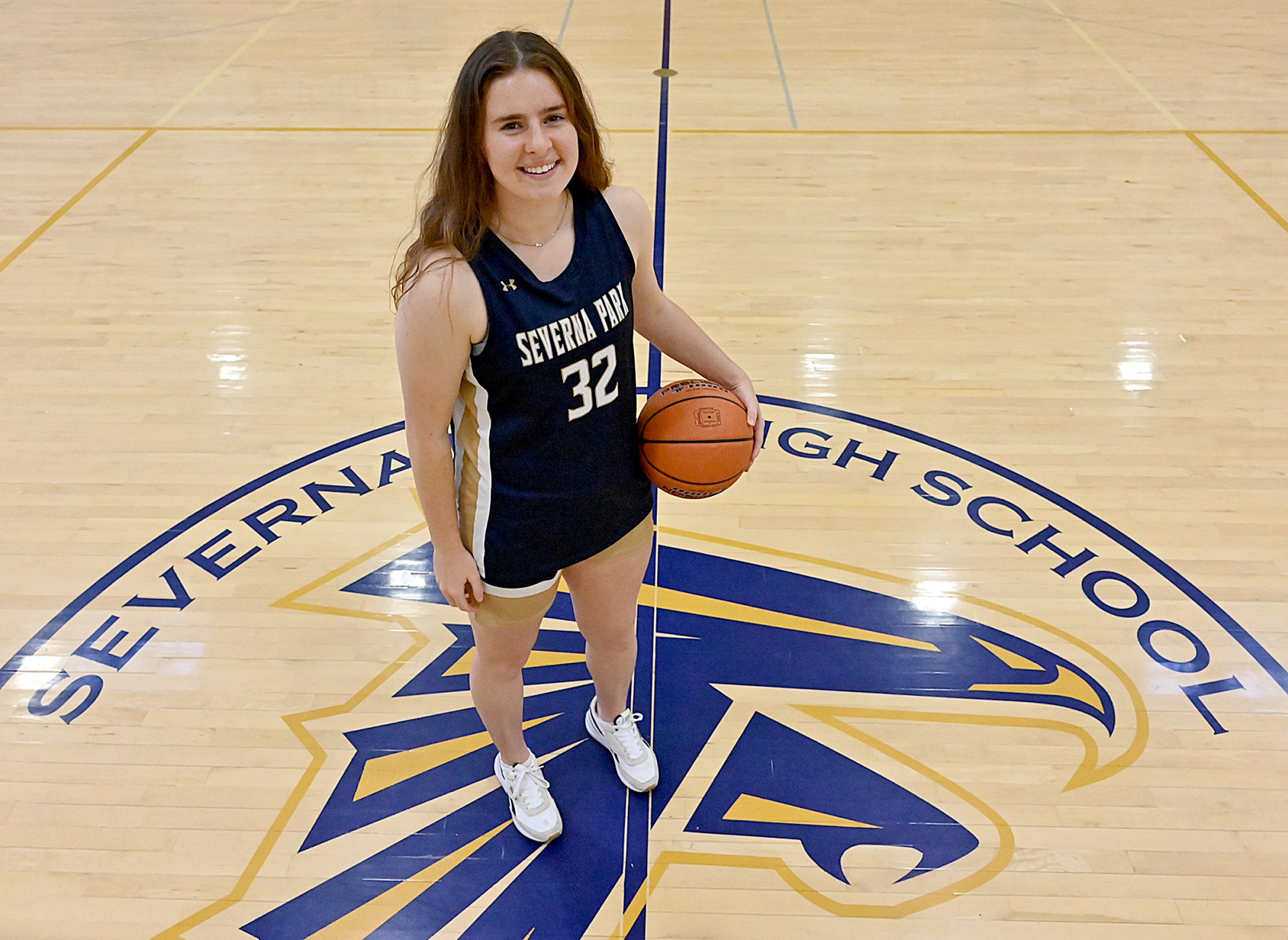Severna Park's Ryn Feemster averaged a double-double this season, leading the Falcons to a regional championship. She is the Capital Gazette 2023-24 girls basketball Player of the Year. (Jeffrey F. Bill/Staff)