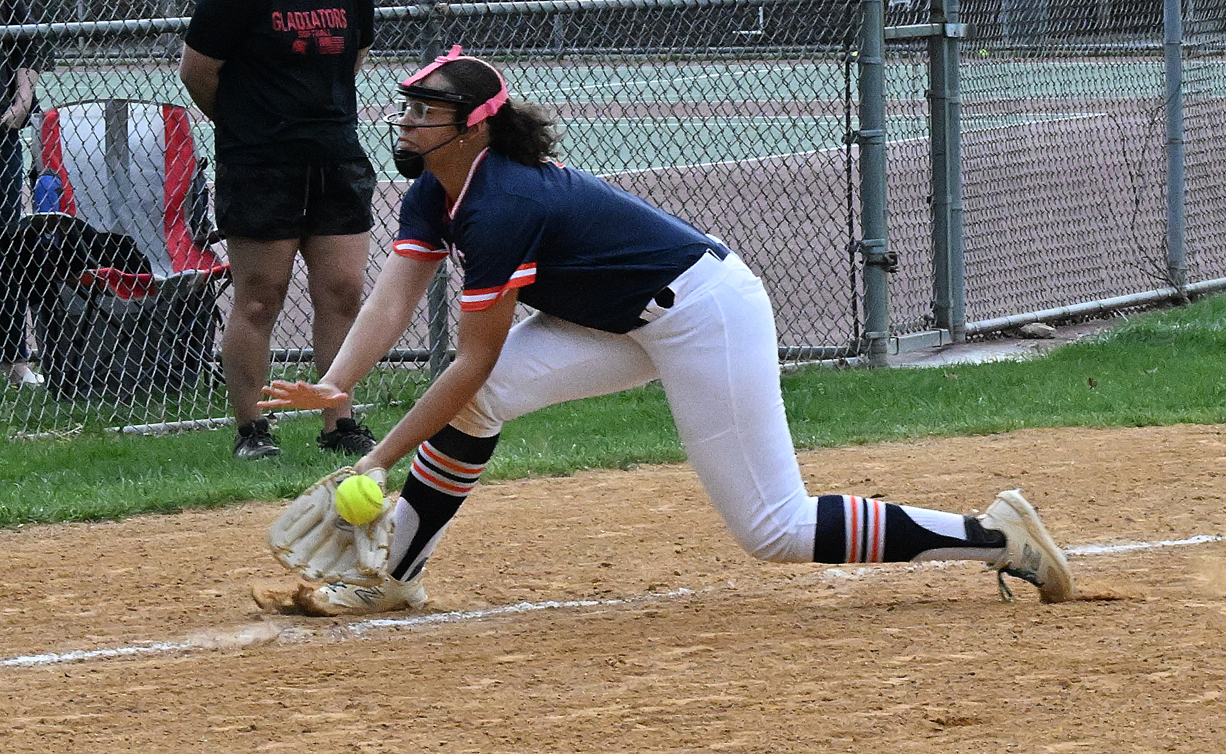 Reservoir 3rd baseman #7, Daiye Smith can't make a play on a shot down the line in the 3rd inning. Reservoir vs. Glenelg softball at Reservoir High School. The Gladiators edged the Gators 6-4. (Jeffrey F. Bill/Staff photo)
