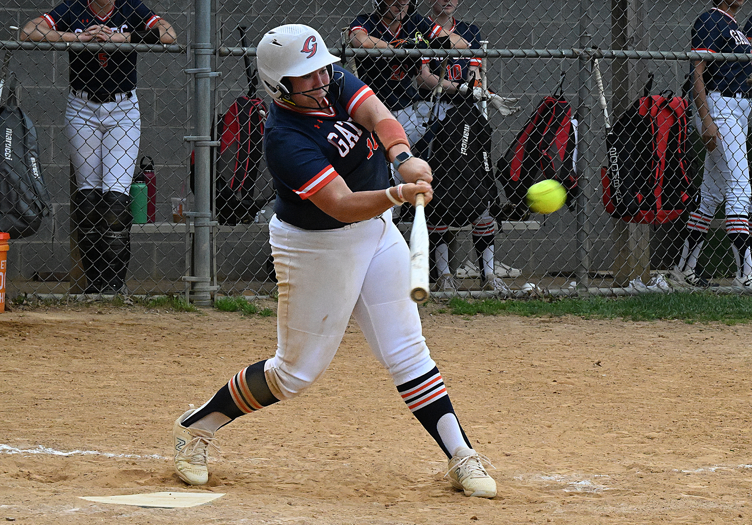 Reservoir #16, Cambell Sagin ties the game with this 2-run home run ball to center field in the 3rd inning. Reservoir vs. Glenelg softball at Reservoir High School. The Gladiators edged the Gators 6-4. (Jeffrey F. Bill/Staff photo)