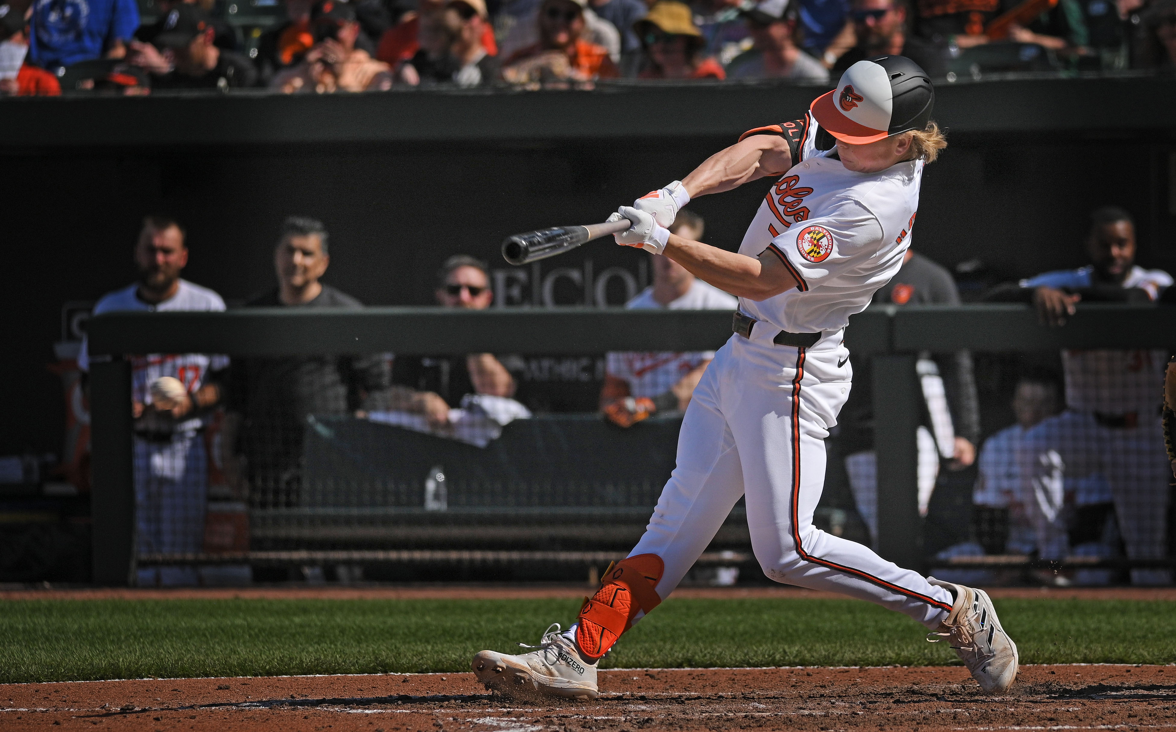 Orioles' Jackson Holliday singles against the Brewers in the seventh inning for his first career Major League base hit. Orioles defeated the Brewers 6-4 at Oriole Park at Camden Yards. (Kenneth K. Lam/Staff)