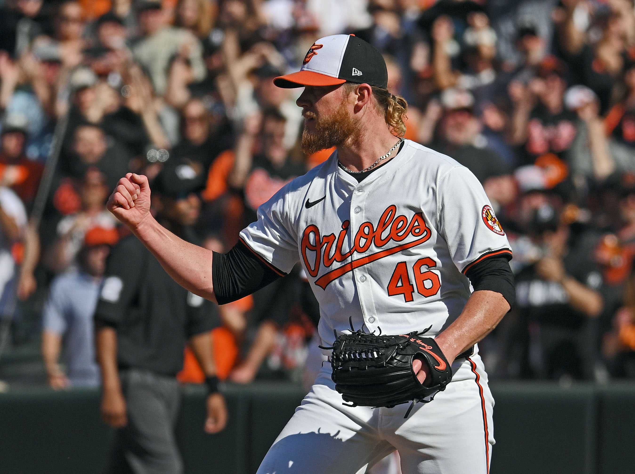 Orioles pitcher Craig Kimbrel reacts after striking out Brewers' Sal Frelick to end the game. The Orioles defeated the Brewers 6-4 at Oriole Park at Camden Yards. (Kenneth K. Lam/Staff)