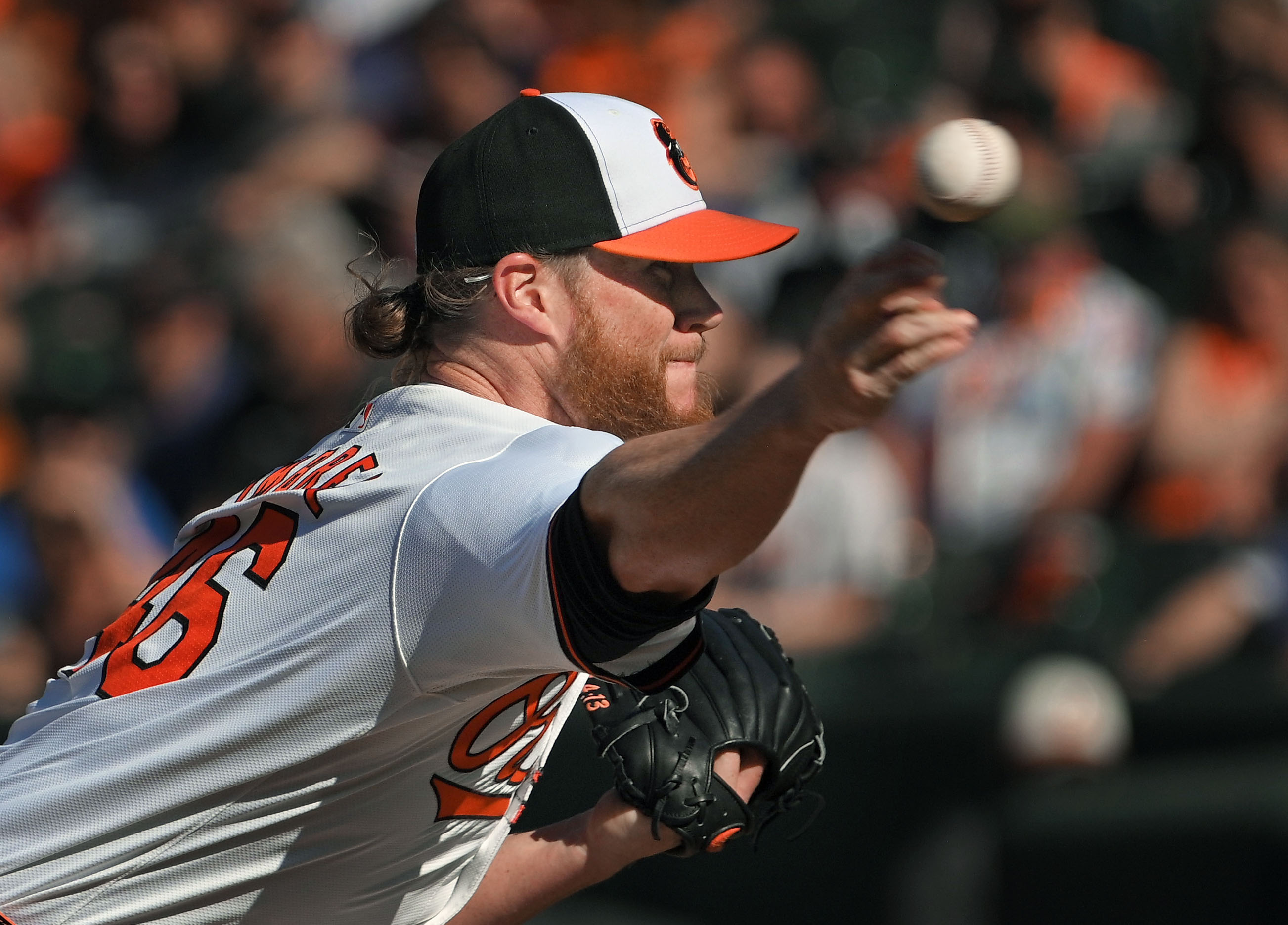 Orioles pitchers Craig Kimbrel pitches against the Brewers in the ninth inning. The Orioles defeated the Brewers 6-4 at Oriole Park at Camden Yards. (Kenneth K. Lam/Staff)