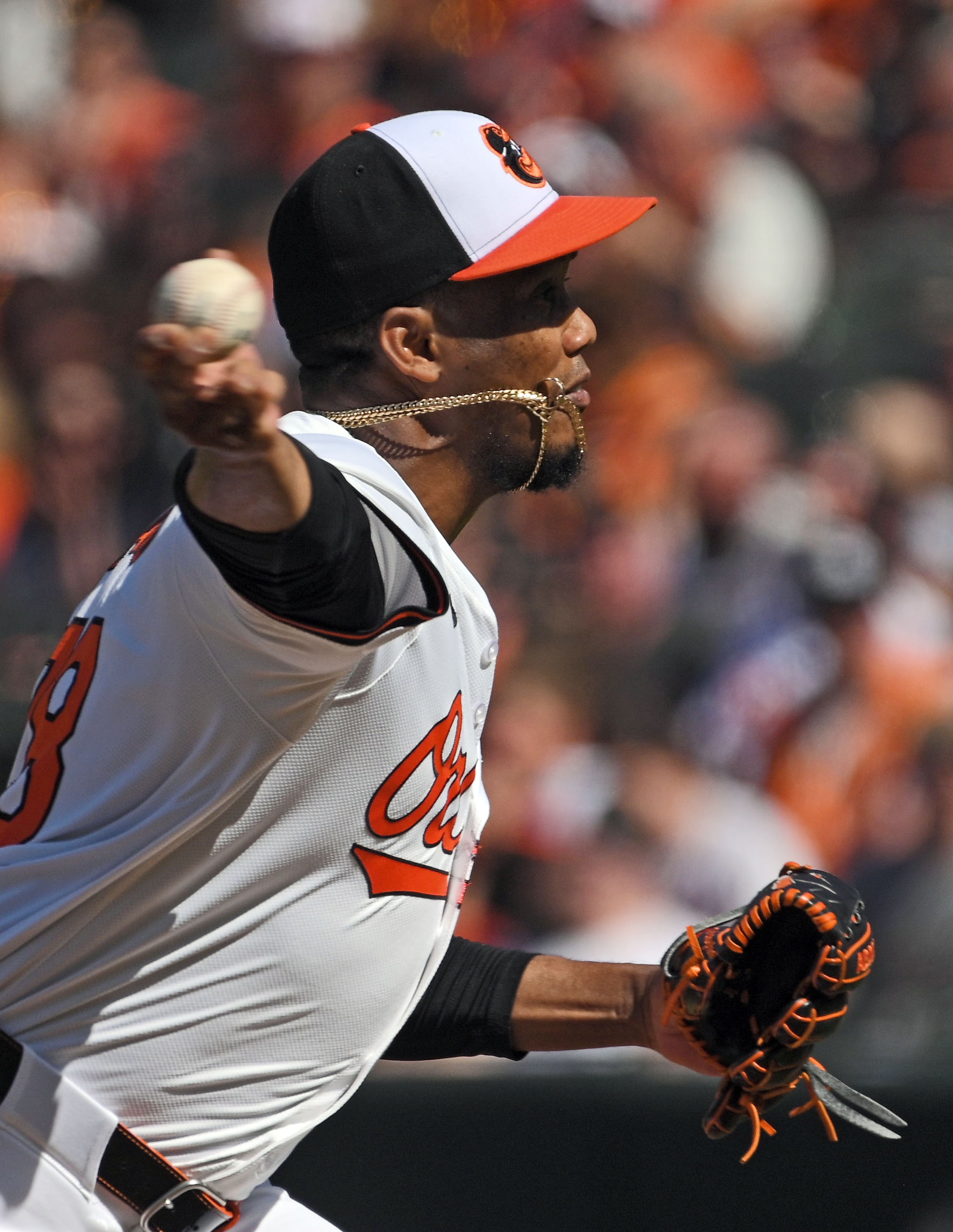 Orioles pitcher Yennier Cano pitches against the Brewers in the seventh inning. The Orioles defeated the Brewers 6-4 at Oriole Park at Camden Yards. (Kenneth K. Lam/Staff)