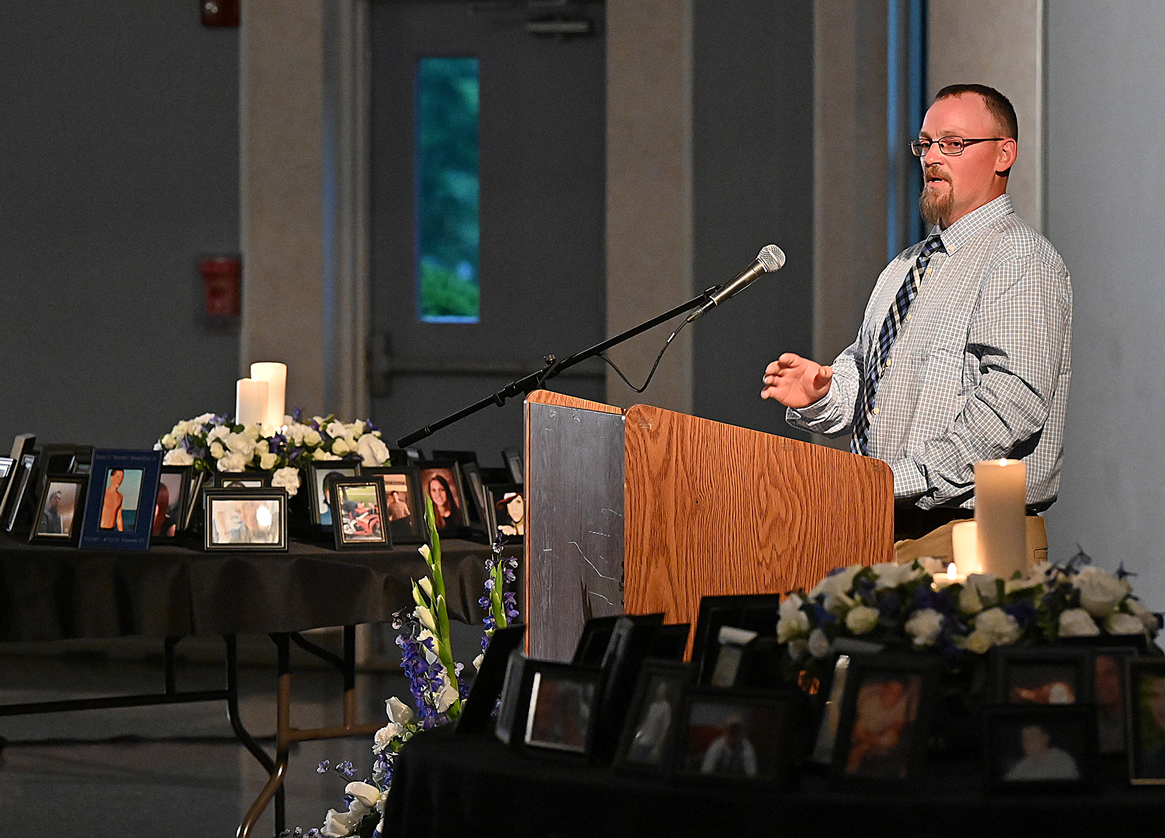 Brian Kimmel, offers "A Recovery Perspective" at the 9th Annual Drug Overdose and Prevention Vigil Tuesday at Portico at St. John in Westminster. (Jeffrey F. Bill/Staff photo)