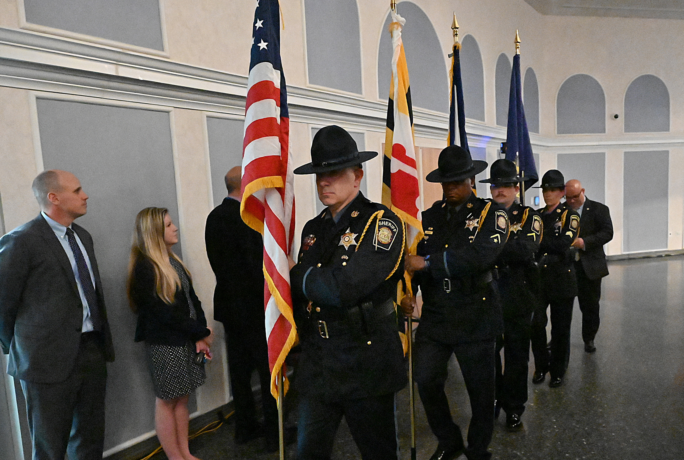 The Carroll County Sheriff's Office Honor Guard, led by Master Deputy Mario DeVivio, presented the colors at Carroll County's 9th Annual Drug Overdose and Prevention Vigil Tuesday at Portico at St. John in Westminster. (Jeffrey F. Bill/Staff photo)