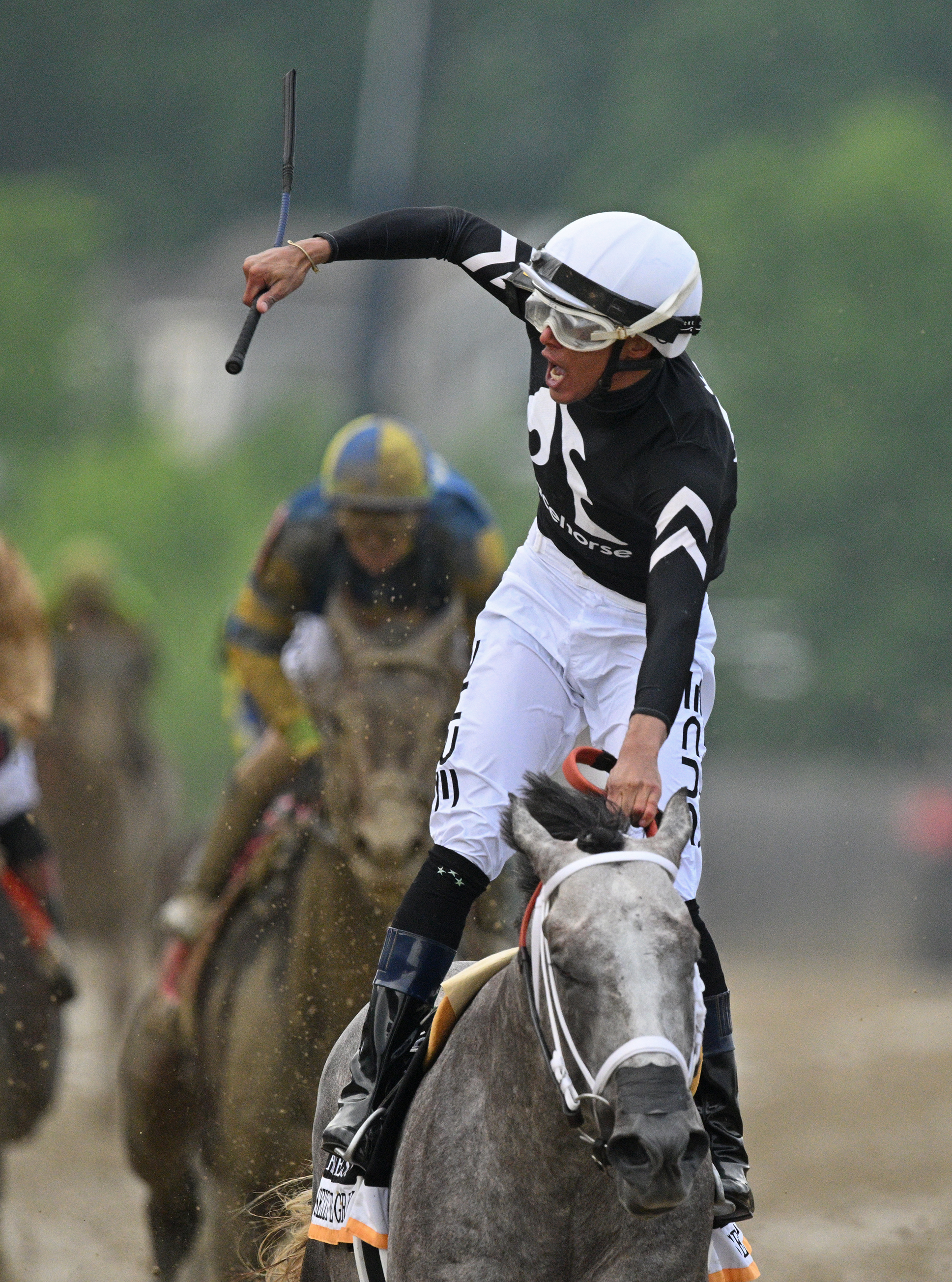 #6 Seize the Grey ridden by Jaime Torres wins the 2024 Preakness Stakes at Pimlico Race Course Saturday. (Lloyd Fox/Staff)