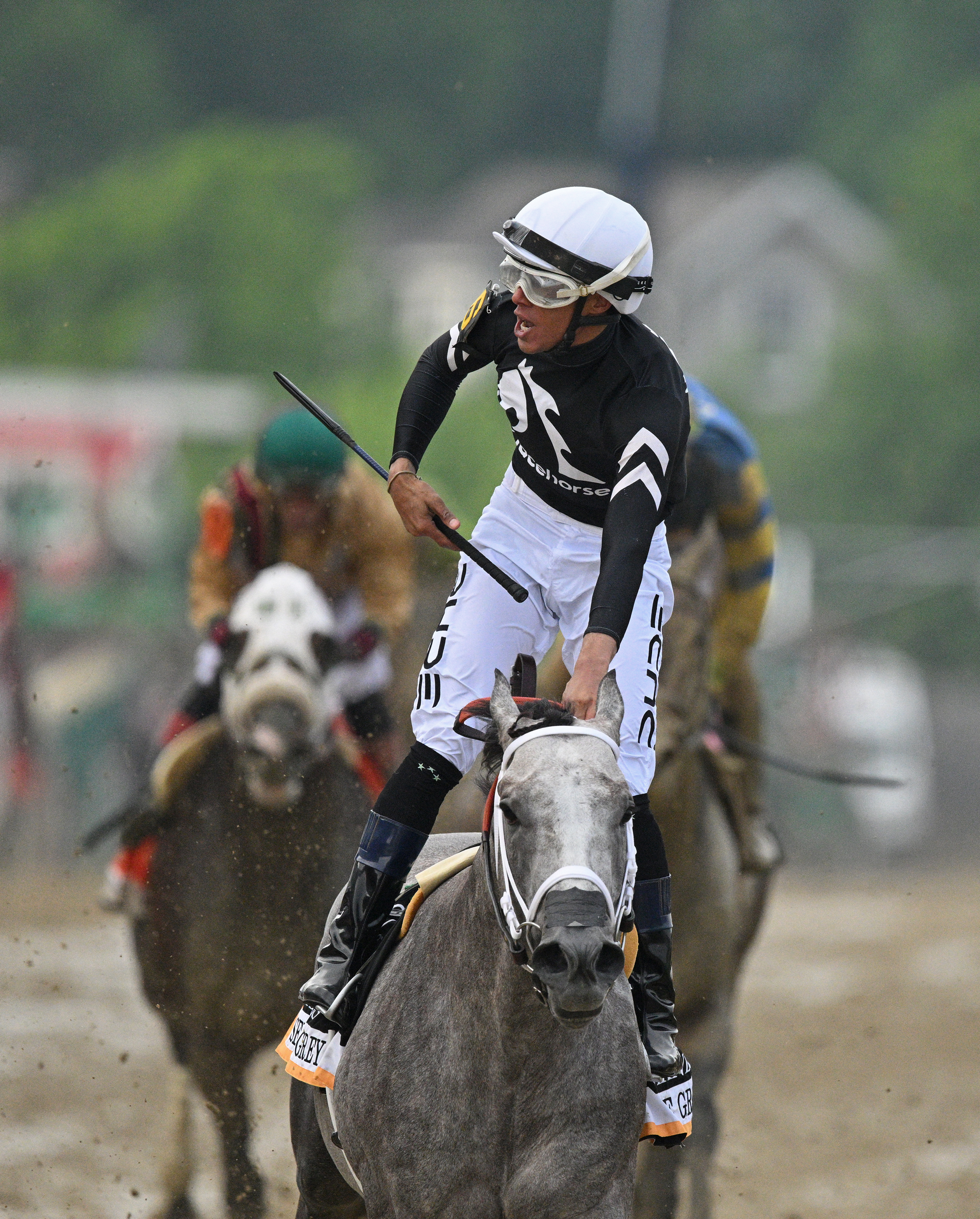 #6 Seize the Grey ridden by Jaime Torres wins the 2024 Preakness Stakes at Pimlico Race Course Saturday. (Lloyd Fox/Staff)