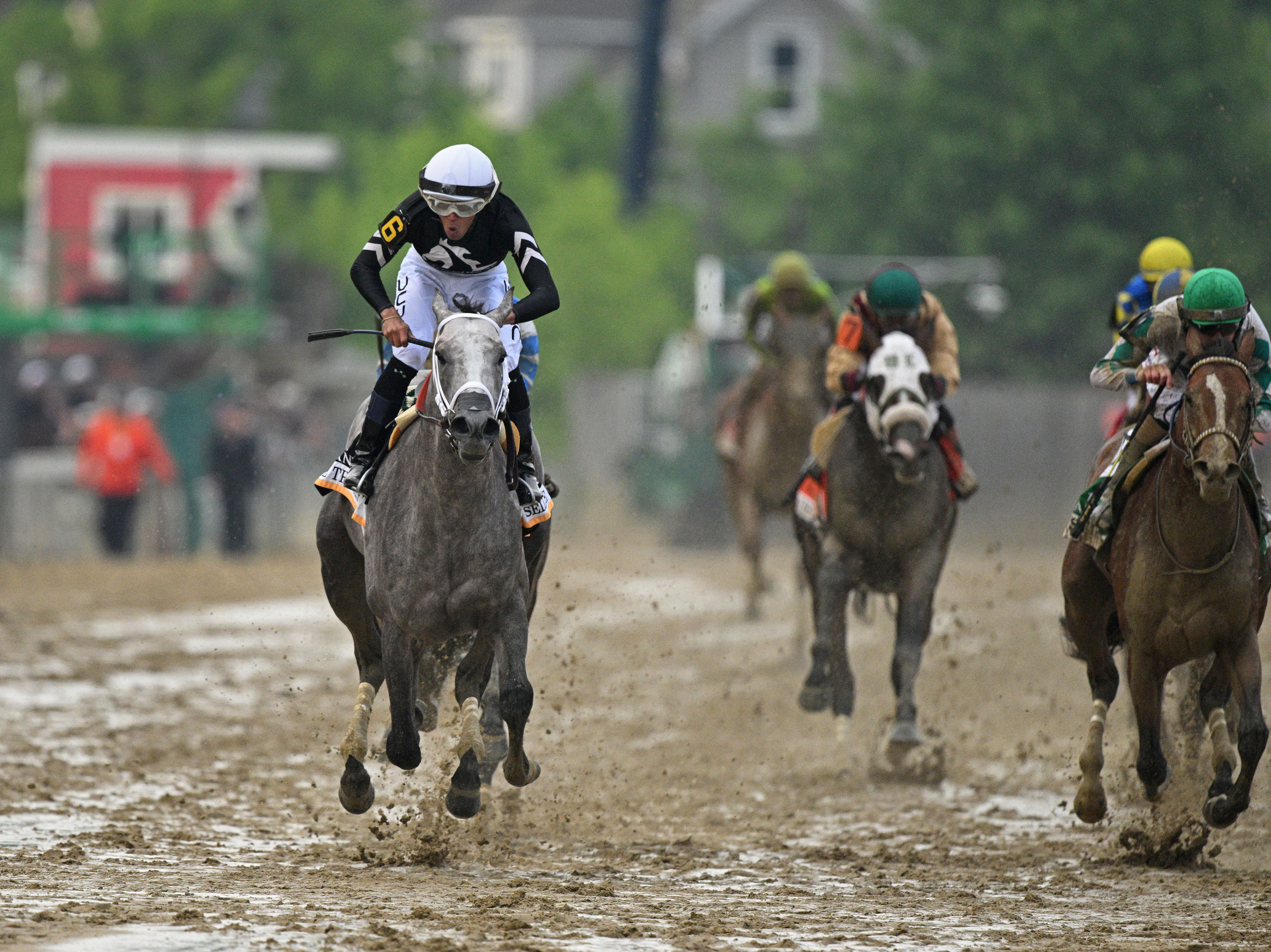 #6 Seize the Grey ridden by Jaime Torres wins the 2024 Preakness Stakes at Pimlico Race Course Saturday. (Lloyd Fox/Staff)