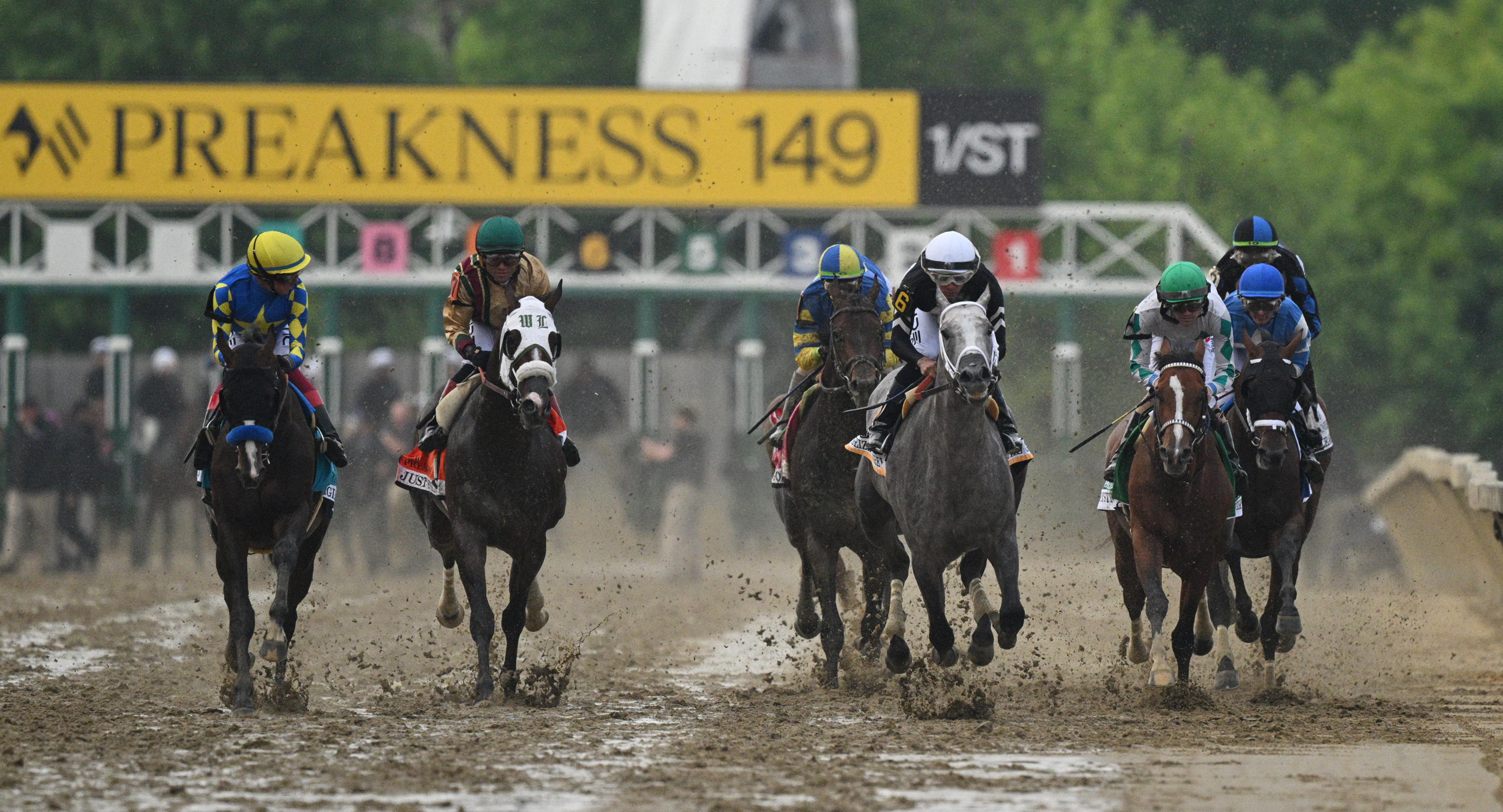 #6 Seize the Grey ridden by Jaime Torres takes the lead out of the gateand wins the 2024 Preakness Stakes at Pimlico Race Course Saturday. (Lloyd Fox/Staff)