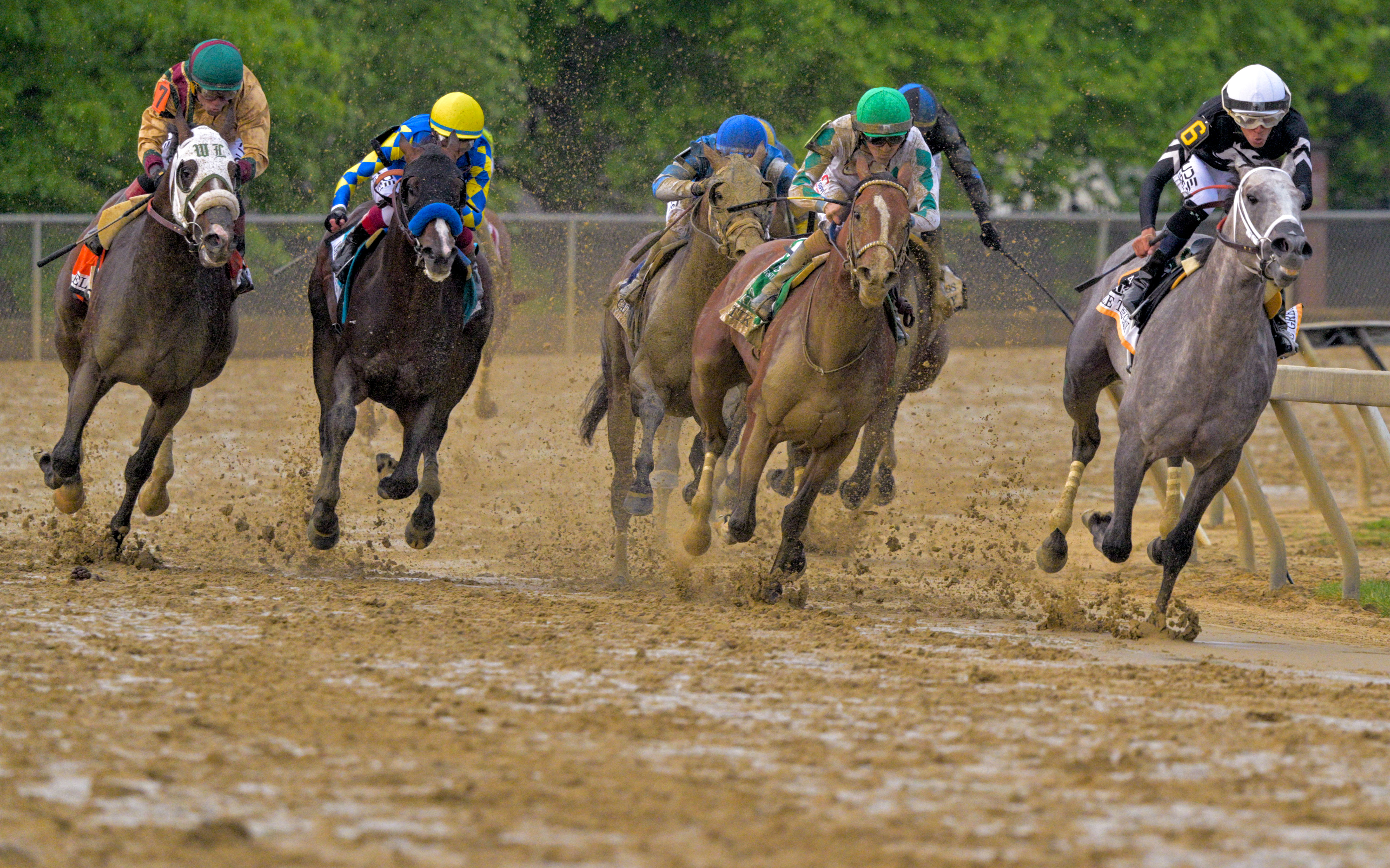 No. 6, Seize the Grey ridden by Jaime Torres at righrt breaks into the final stretch ahead of the pack to seize the 149th running of the Preakness Stakes at Pimlico Race Course. Seize the Grey ridden by Jaime Torres won. (Karl Merton Ferron/Staff)