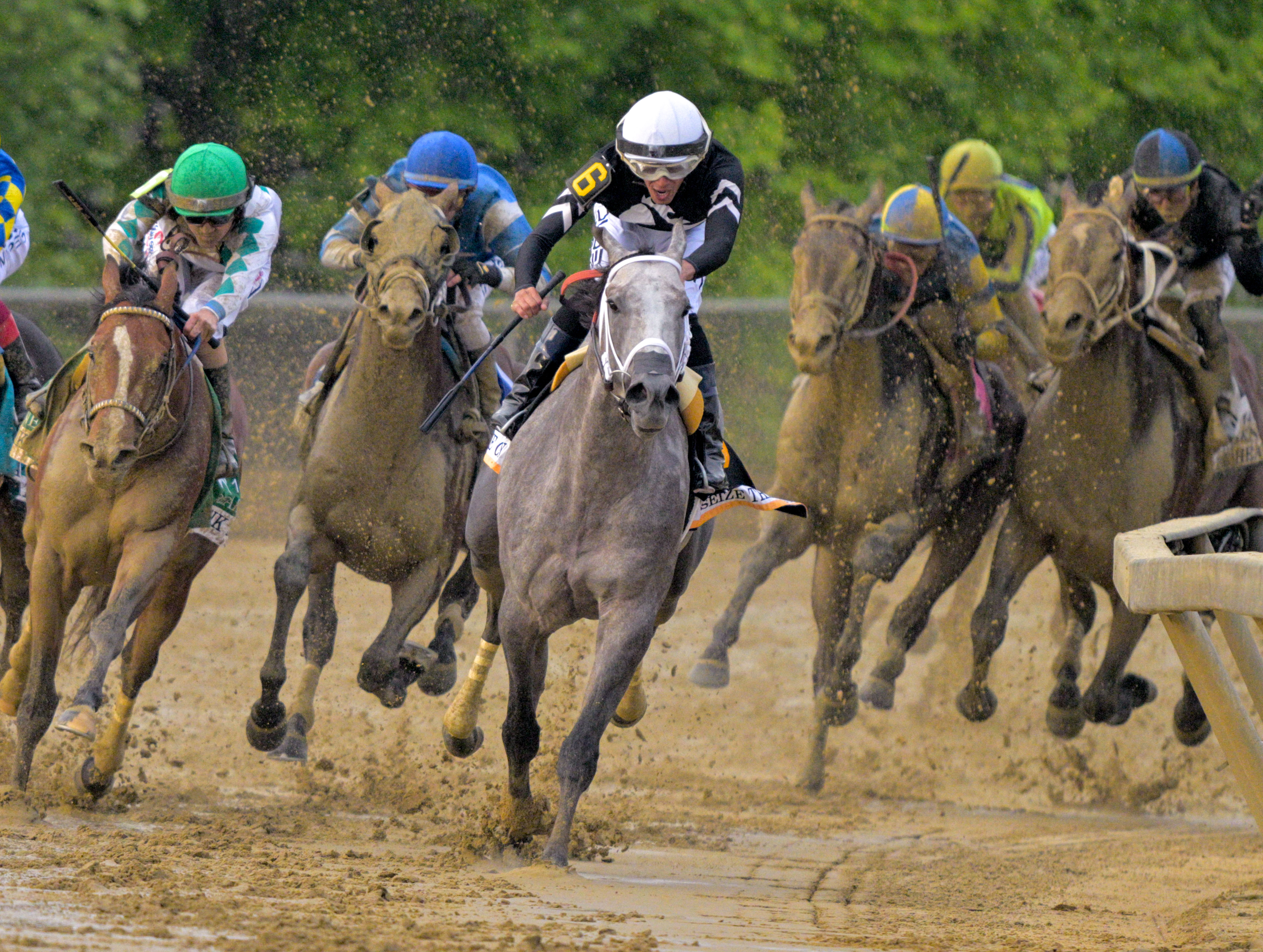 No. 6, Seize the Grey ridden by Jaime Torres dirties up the rest of the field while breaking into the final stretch to seize the 149th running of the Preakness Stakes at Pimlico Race Course. Seize the Grey ridden by Jaime Torres won. (Karl Merton Ferron/Staff)