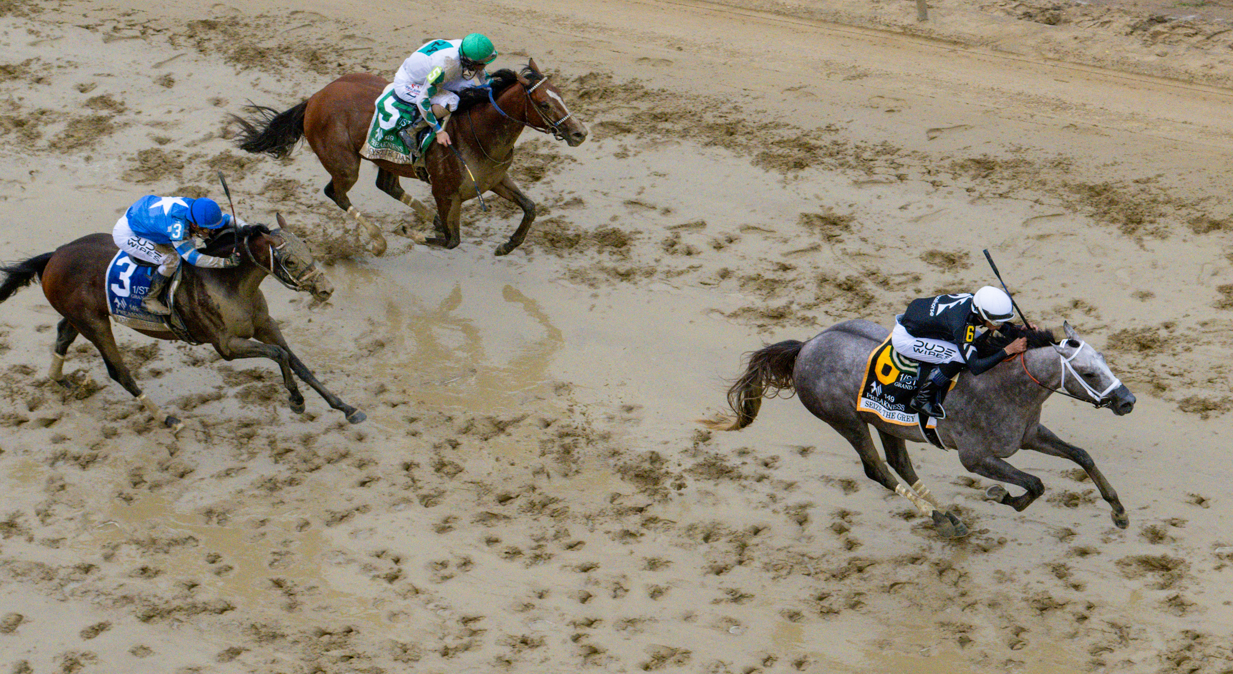 Seize the Grey ridden by Jaime Torres wins the 2024 Preakness Stakes at Pimlico Race Course Saturday. (Jerry Jackson/Staff)