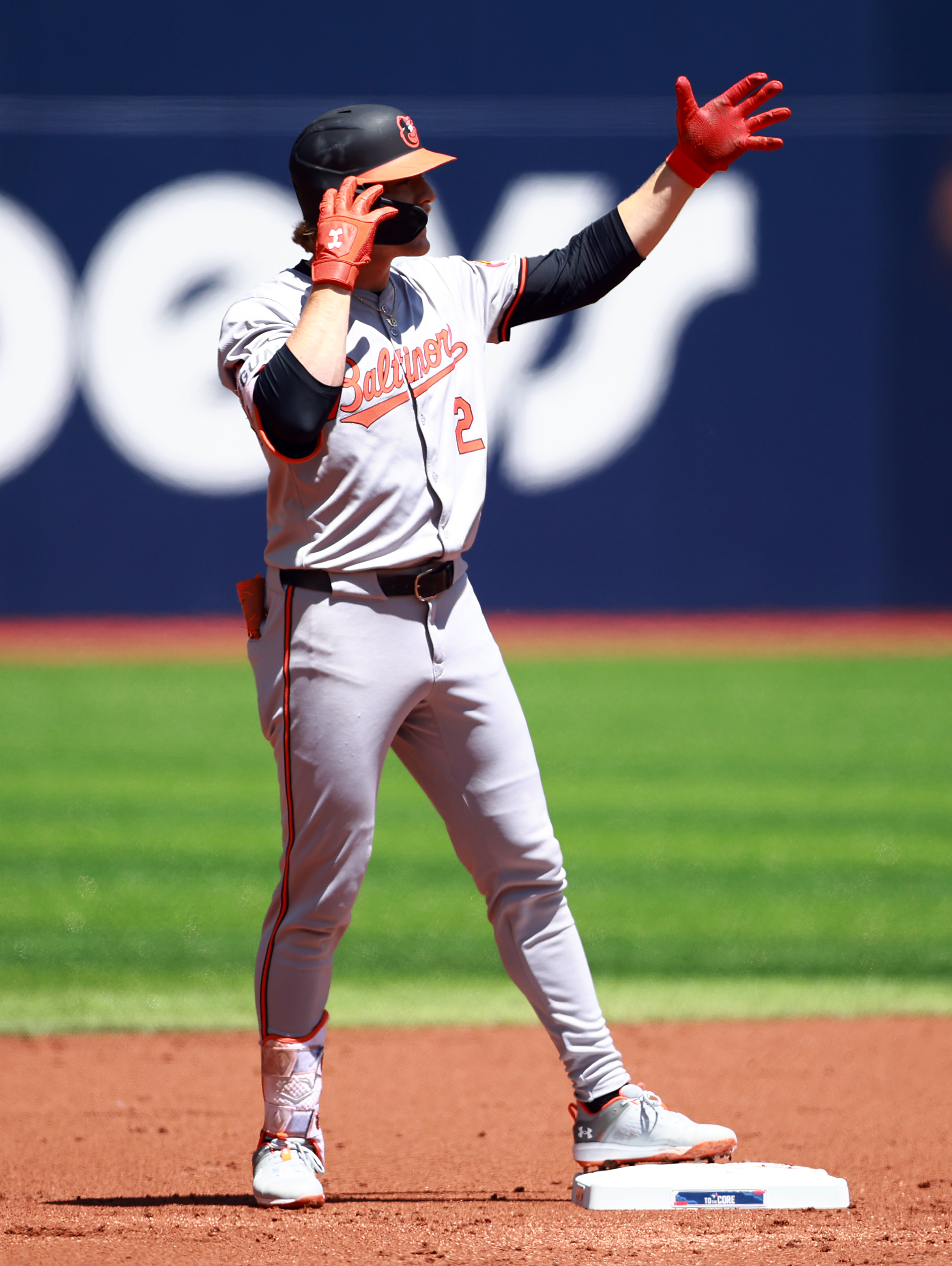 TORONTO, ON - JUNE 06: Gunnar Henderson #2 of the Baltimore Orioles celebrates a double in the first inning during a game against the Toronto Blue Jays at Rogers Centre on June 6, 2024 in Toronto, Ontario, Canada. (Photo by Vaughn Ridley/Getty Images)