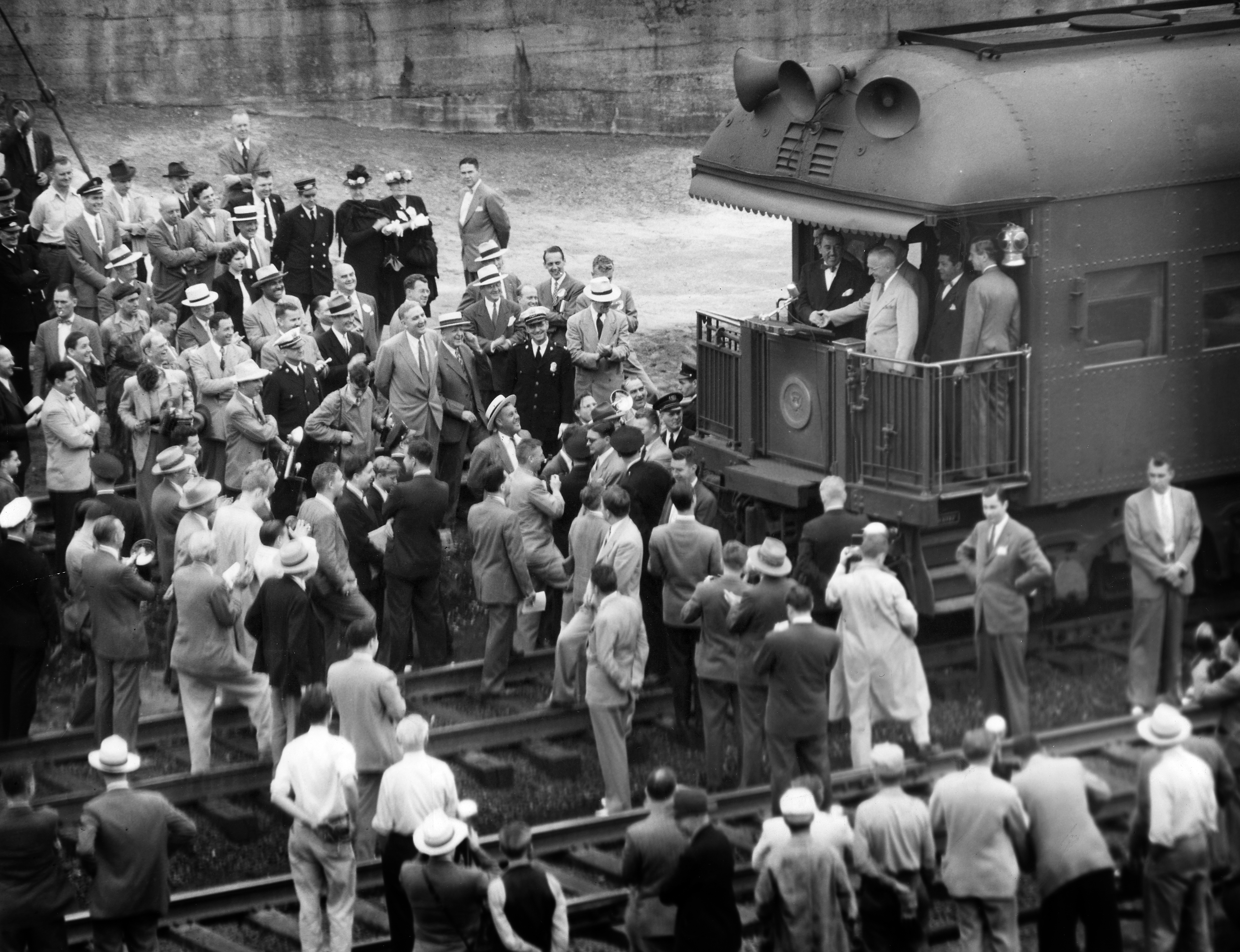 Harry S Truman addressing the crowd at a train stop in Baltimore in June of 1948. (Robert F. Kniesche/Baltimore Sun) ORG XMIT: BAL1009010730120673